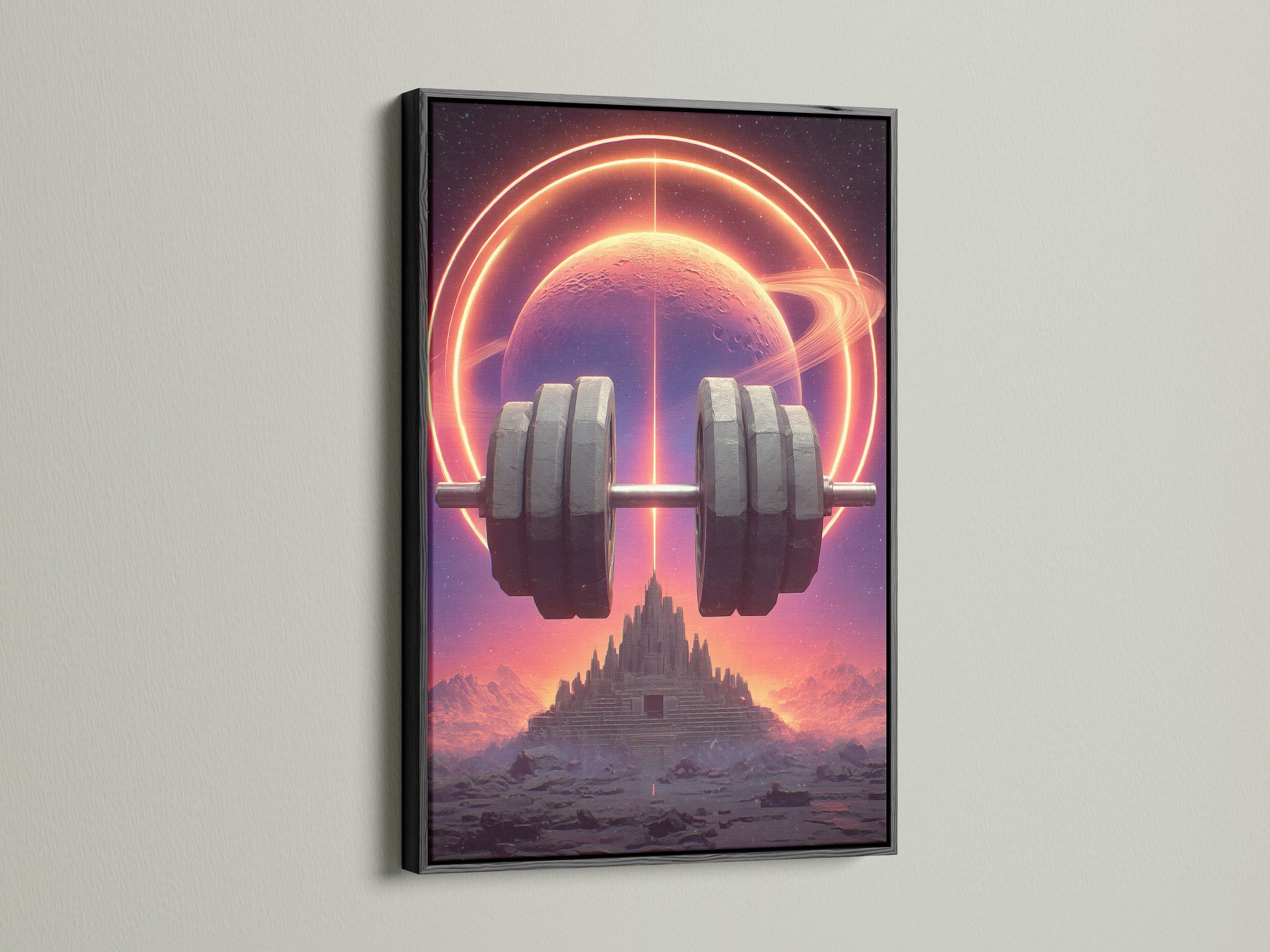 This is the black frame option. The pink neon art will add a pop of color. The planet wall art features a dumbbell. This cyberpunk decor is perfect for fitness professionals.