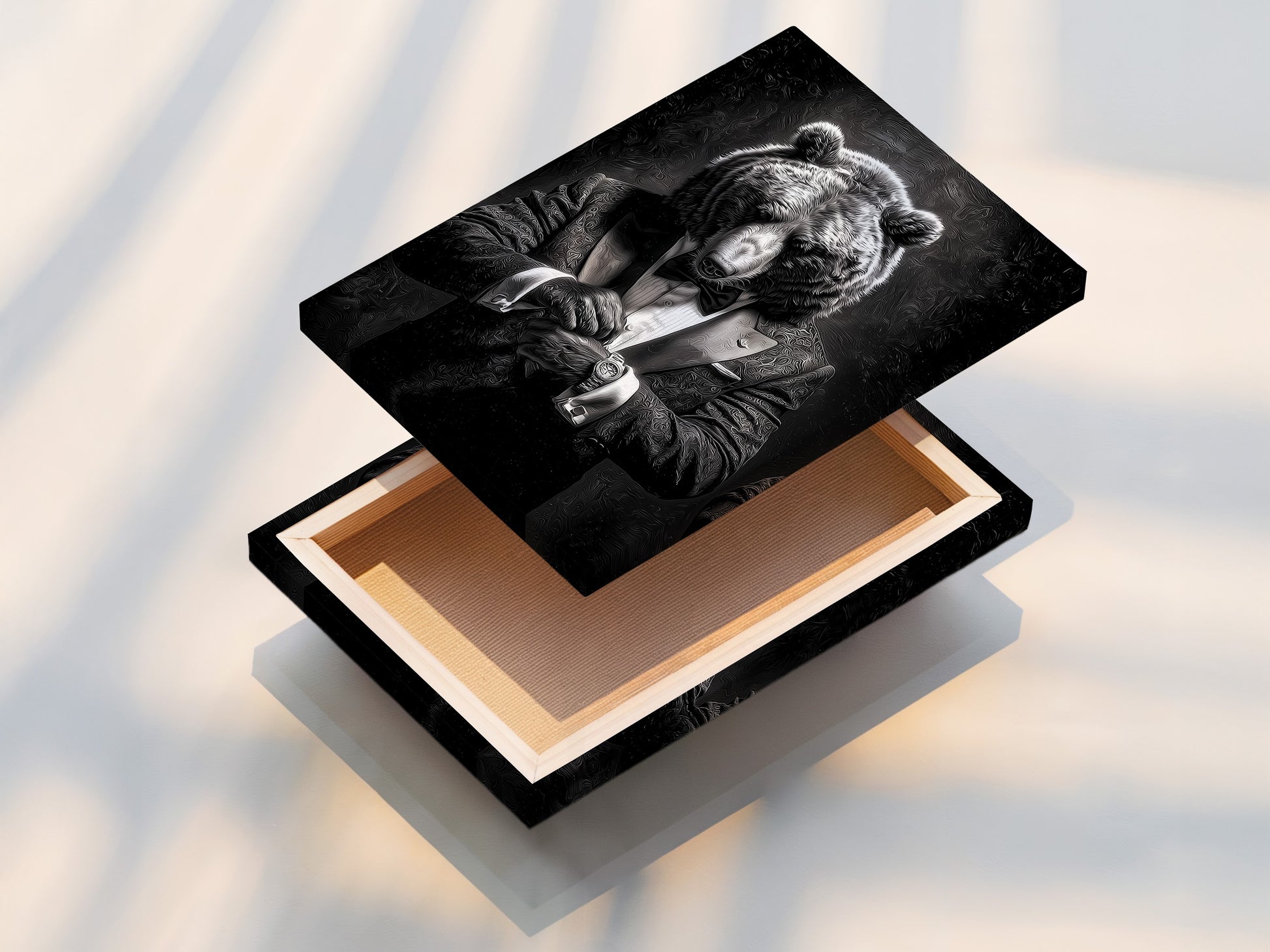 This is a stretched canvas print featuring a bear in a tuxedo. The canvas is tightly stretched over a wooden frame. It is ready to hang. Stretched canvas prints offer a professional and polished look. They are perfect for adding art to your walls without the need for additional framing. Enjoy vibrant colors and detailed artwork.