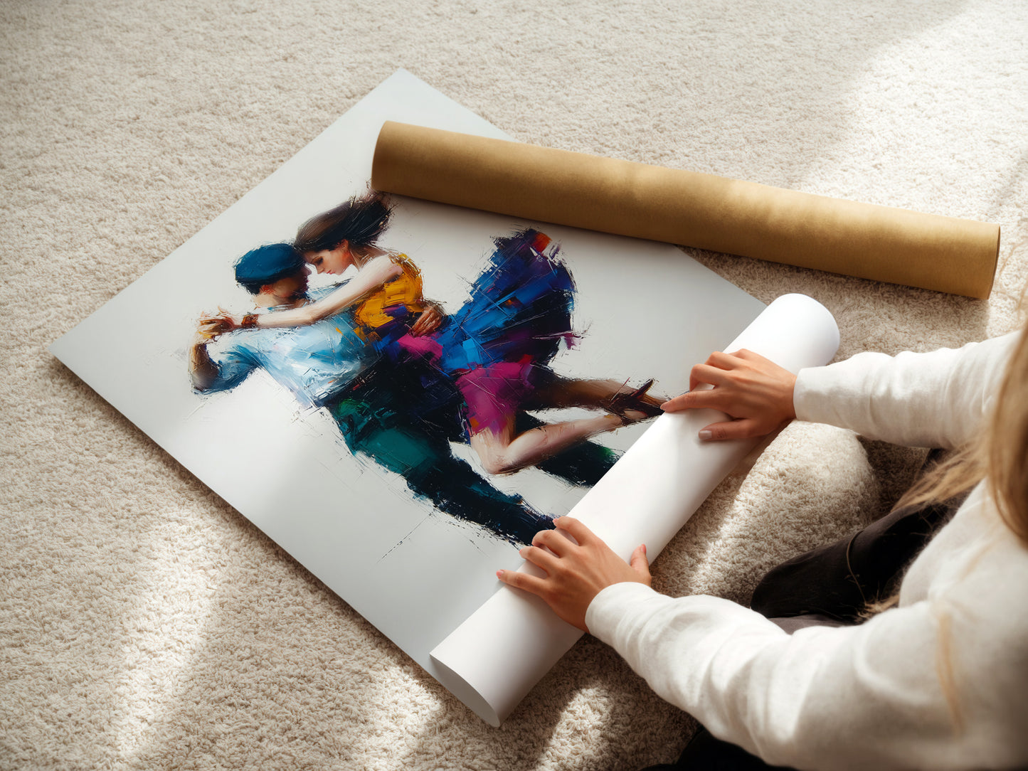 A woman carefully rolls a fine art poster paper. She is preparing it for display. Fine art posters offer a versatile affordable art solution. They allow you to enjoy high-quality artwork. This is without a significant investment.