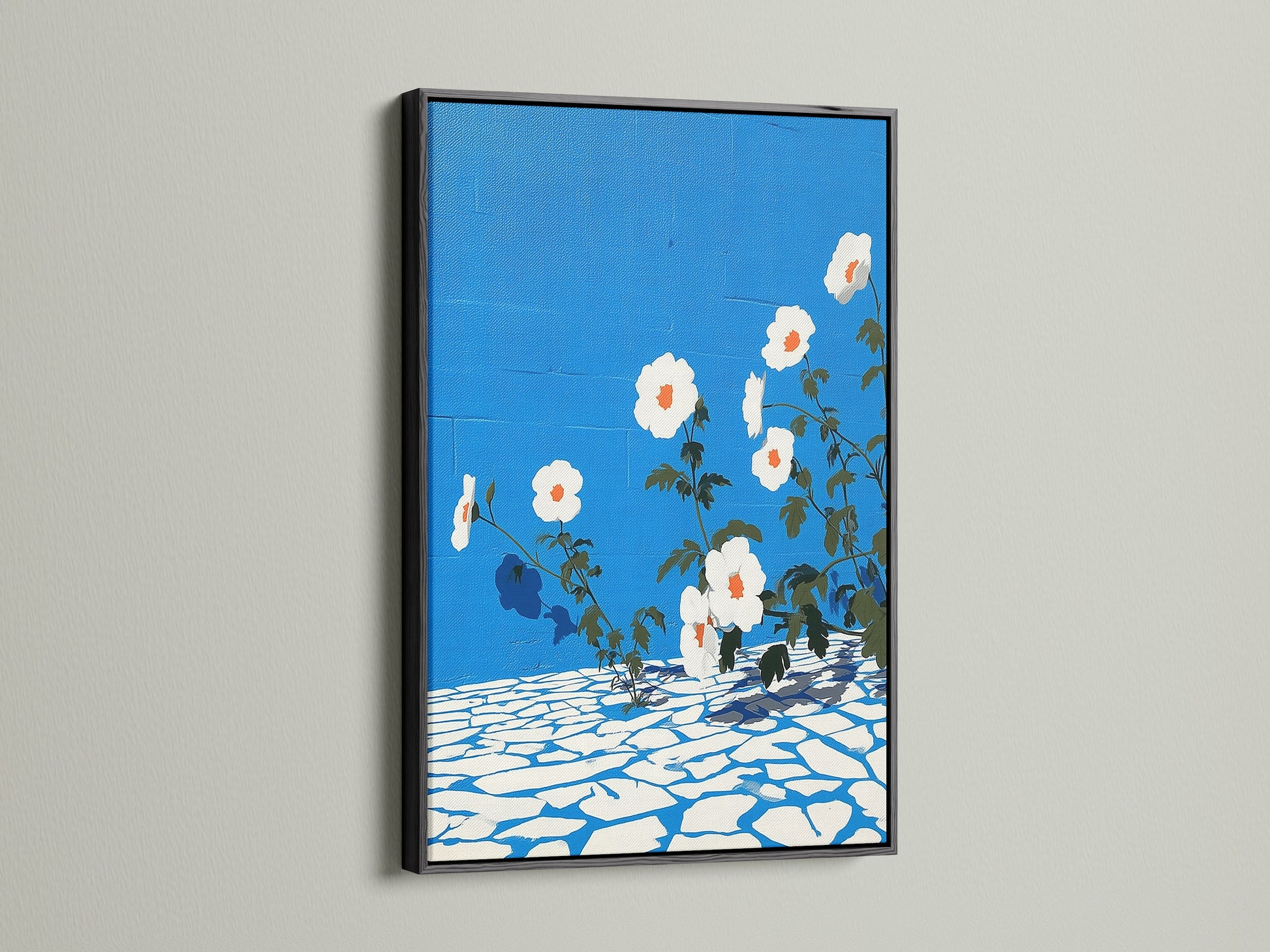 This floral canvas art stands out in a sleek black frame. The azure blue wall art is a botanical print that adds a touch of elegance to any entryway. This flower artwork is a modern accent.