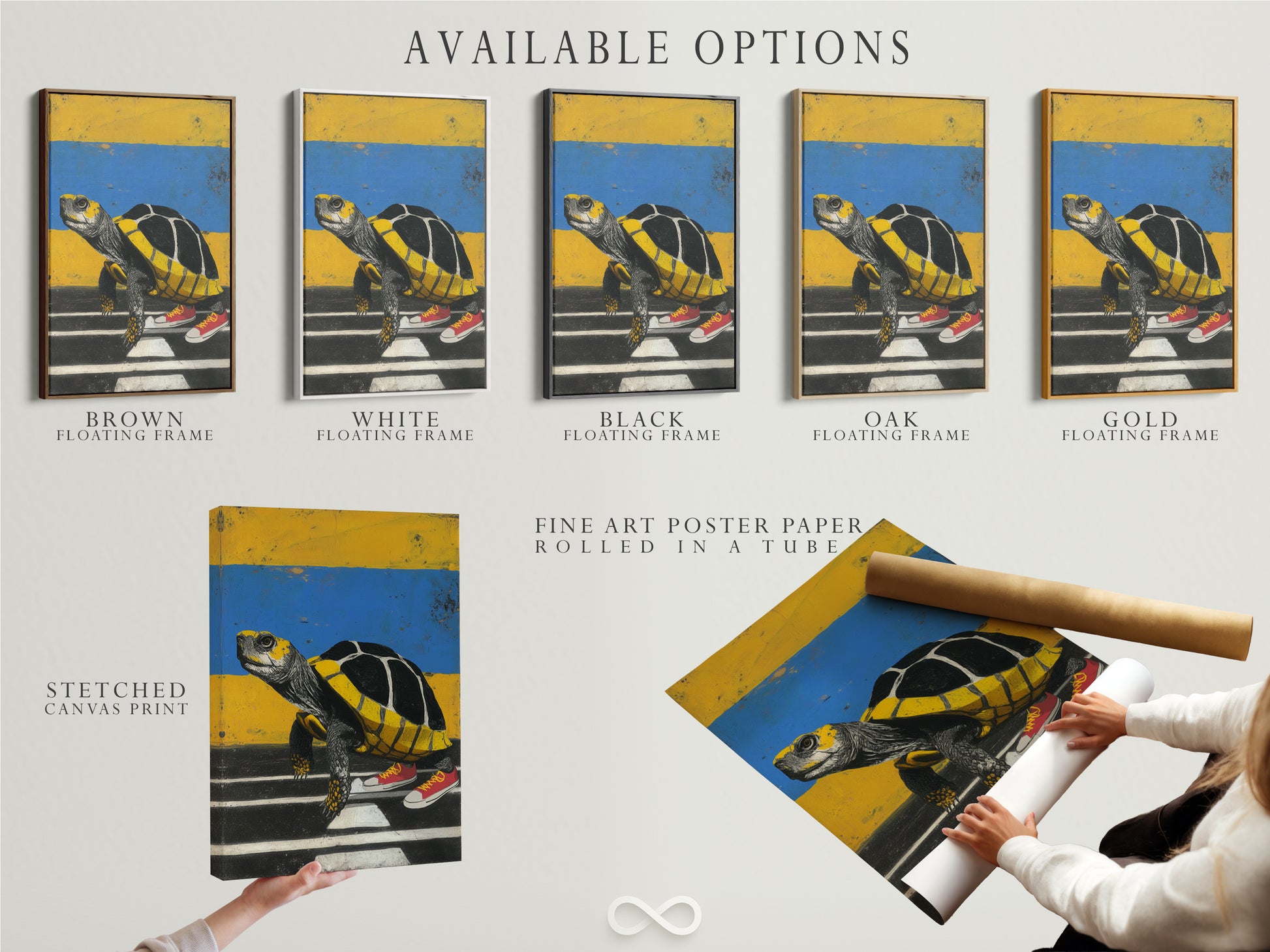 Available options for the 'Turtle Sneakers' artwork are displayed. Choose from a stretched canvas print a fine art poster paper or a floating frame. This animal wall art adds a contemporary quirky touch to any room. Customize your art to match your style. Art in yellow and blue.