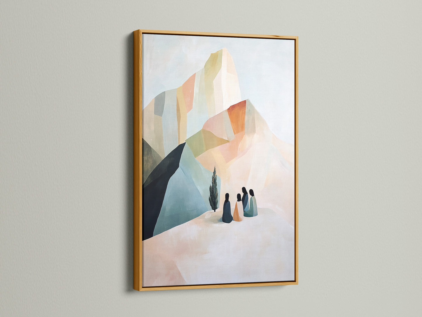 Beige and blue abstract mountain artwork in a gold frame. Contemporary wall decor for minimalist and modern aesthetics. Perfect as living room or bedroom art. It is a luxurious piece.