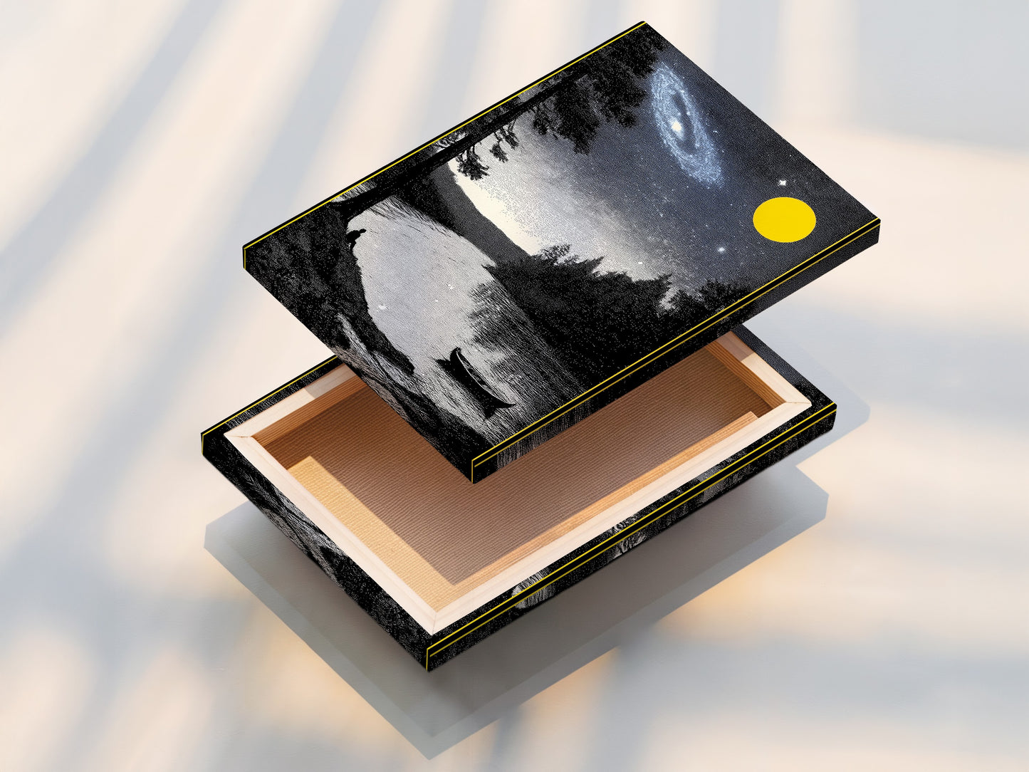 Stretched canvas print of Night Sky Landscape artwork. The galaxy and lake wall art are displayed beautifully. This celestial art print is ready to hang. Perfect for adding modern wall art to your living room. Elevate your decor.