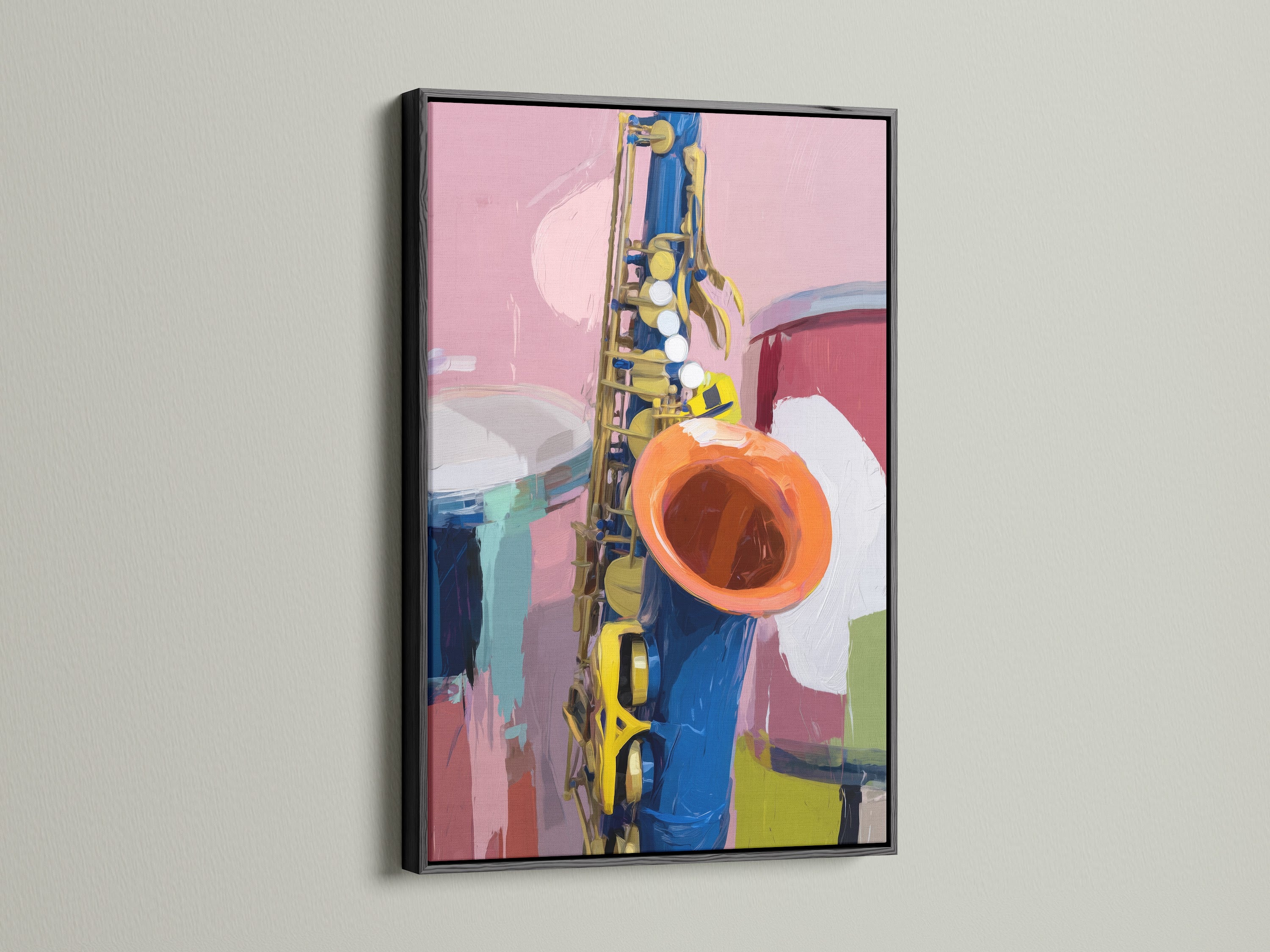 The striking saxophone artwork is framed in black. The artwork is a modern jazz art piece perfect for a music studio. The musical instrument canvas print is a colorful addition to any space. This print is ideal for music lovers. Consider it for office art or living spaces.