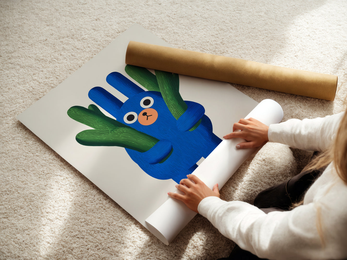 A woman is carefully rolling a fine art poster paper. She is preparing a cute cactus art print. This blue green nursery wall art will soon be ready for a kids room. The whimsical plant artwork is perfect for children wall decor.