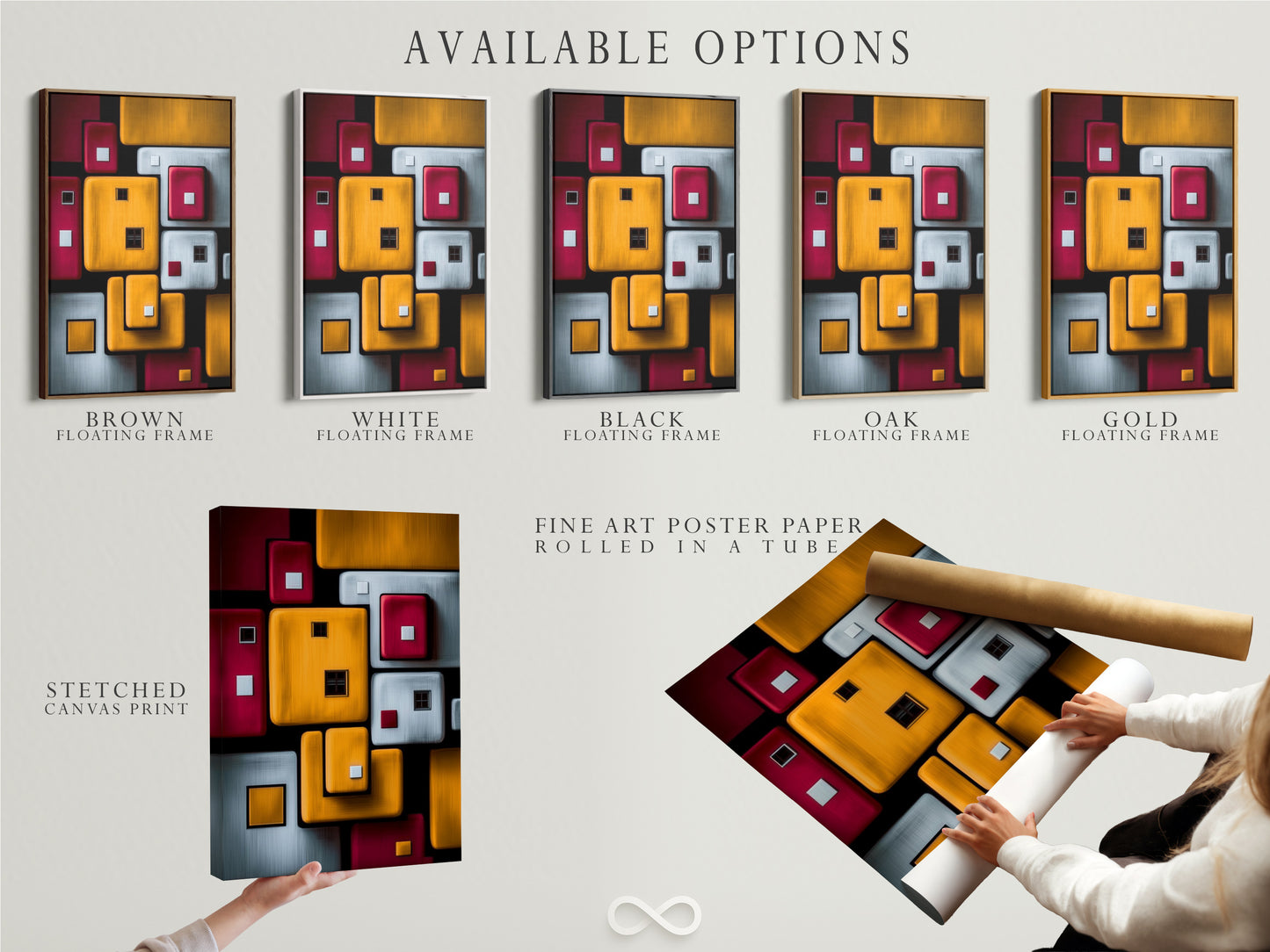 Explore available options including a stretched canvas print fine art poster paper and floating frame. Customize your geometric abstraction to fit your style. Find the perfect modern wall decor for your space today. Elevate your artwork.