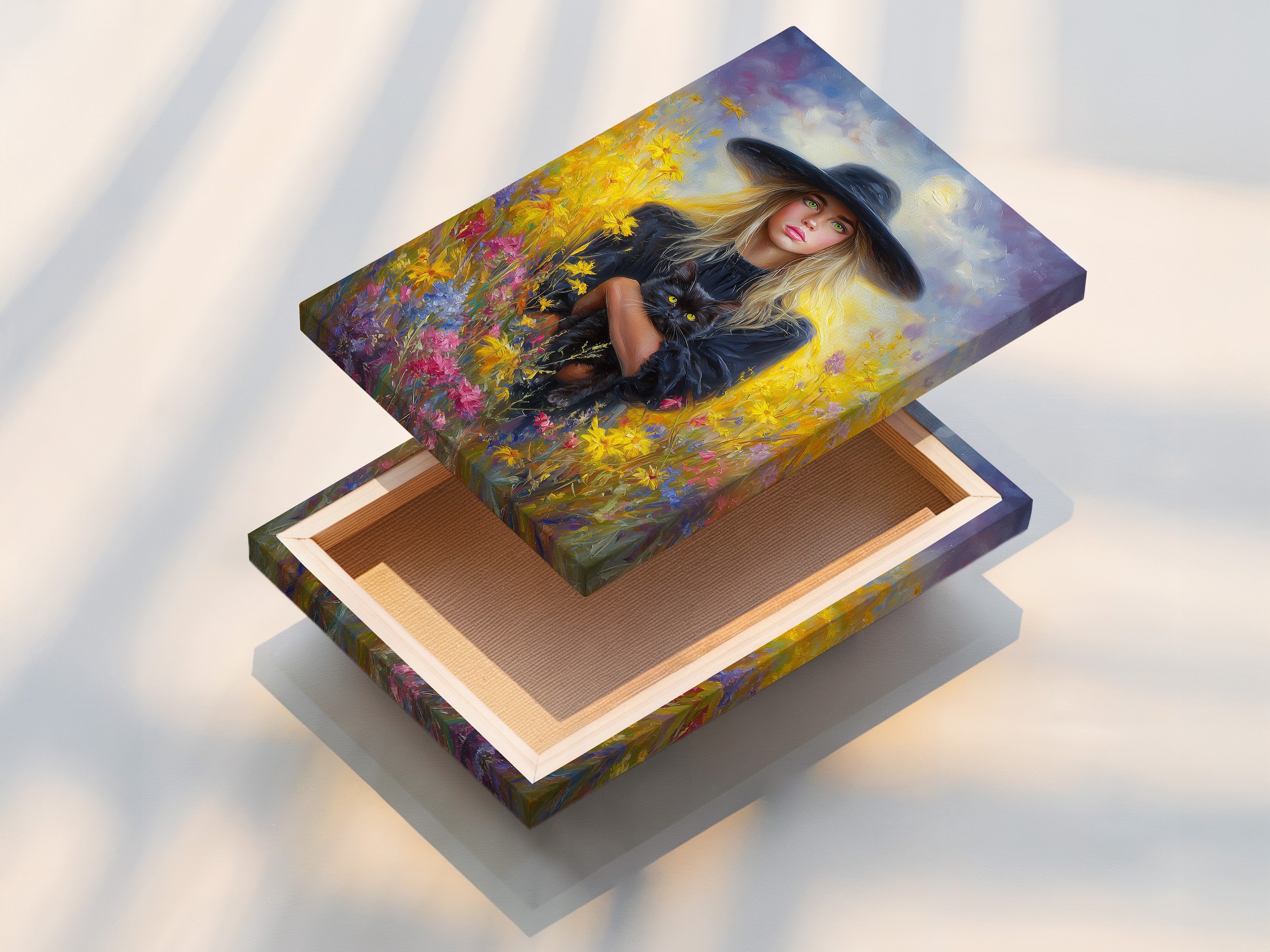 A stretched canvas print is displayed. The artwork is a woman and her cat in a field of flowers. The stretched canvas provides a clean and ready-to-hang artwork option. Enjoy a professional gallery-wrapped finish for your chosen art.