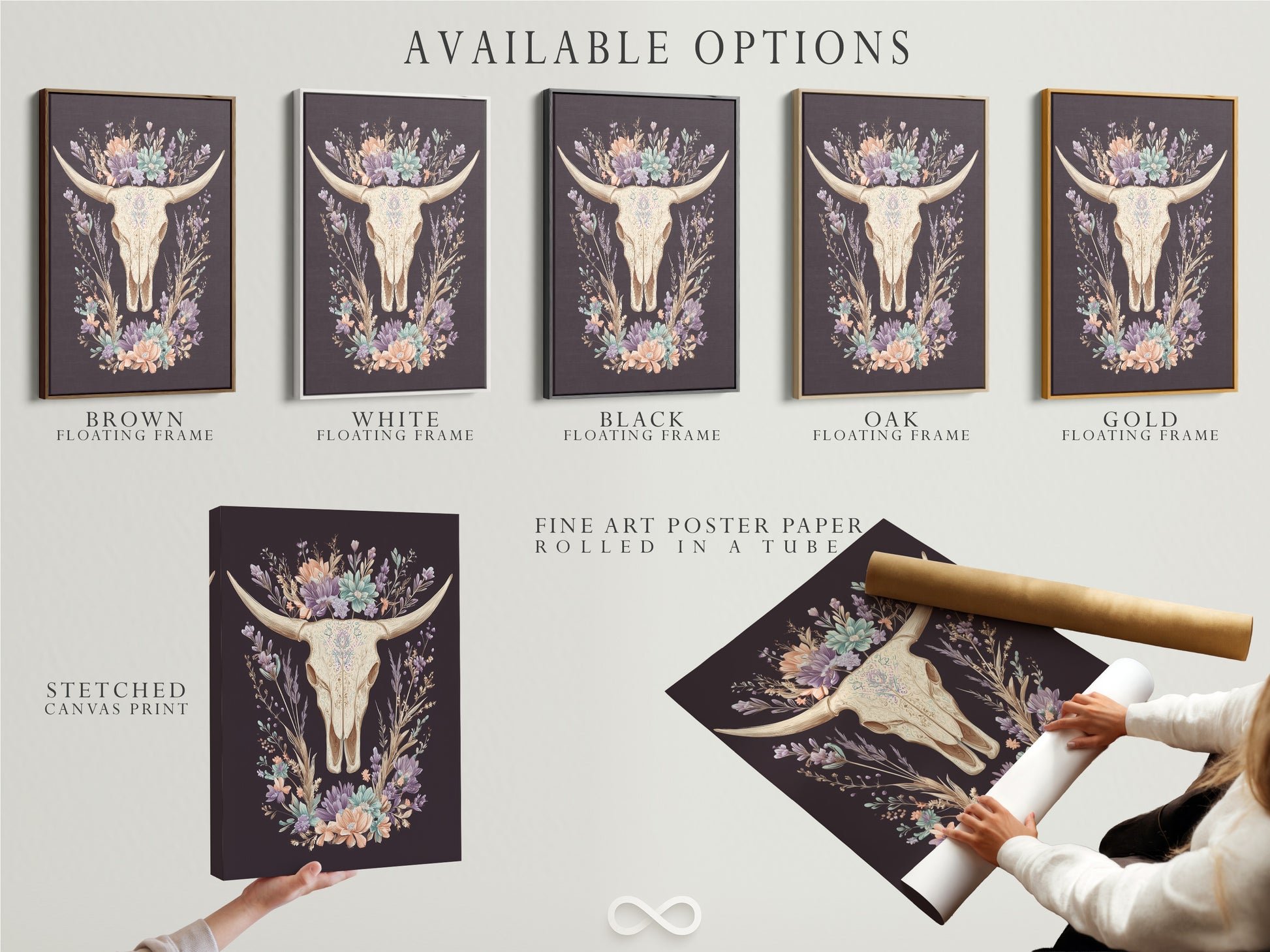 Available art options are displayed. These include a stretched canvas print. Fine art poster paper is another option. A floating frame is shown as well. Choose the perfect art format to suit your style. These options cater to diverse artistic preferences.