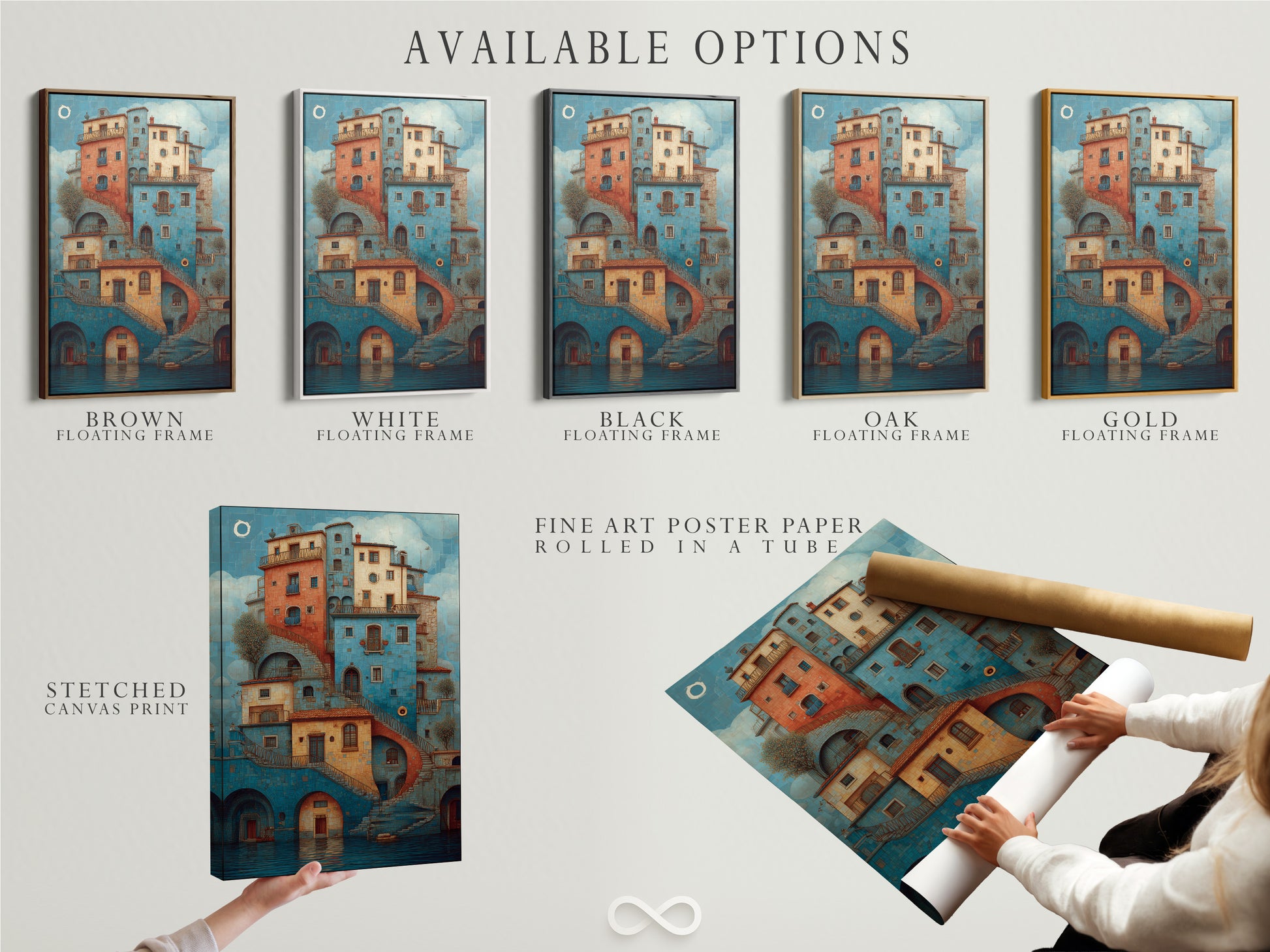 Available options for artwork. Choose from a stretched canvas print fine art poster paper or a floating frame. Each option offers a unique way to display your artwork. Find the perfect style to match your taste and decor. Explore the possibilities for your new artwork.