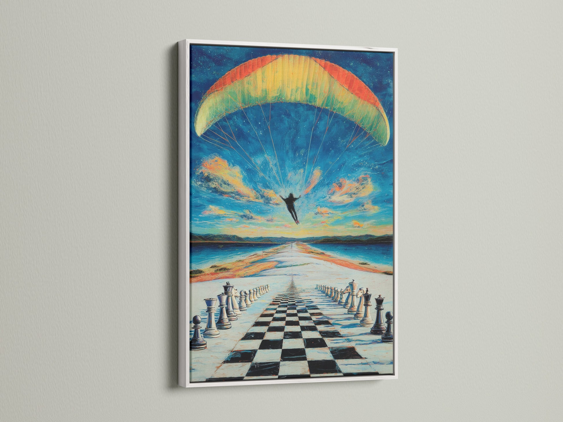 A captivating chess skydiving artwork is presented in a clean white frame. The contrast enhances the surreal details of the chessboard landscape. It's ideal for those seeking unique and modern wall art to elevate their interior.
