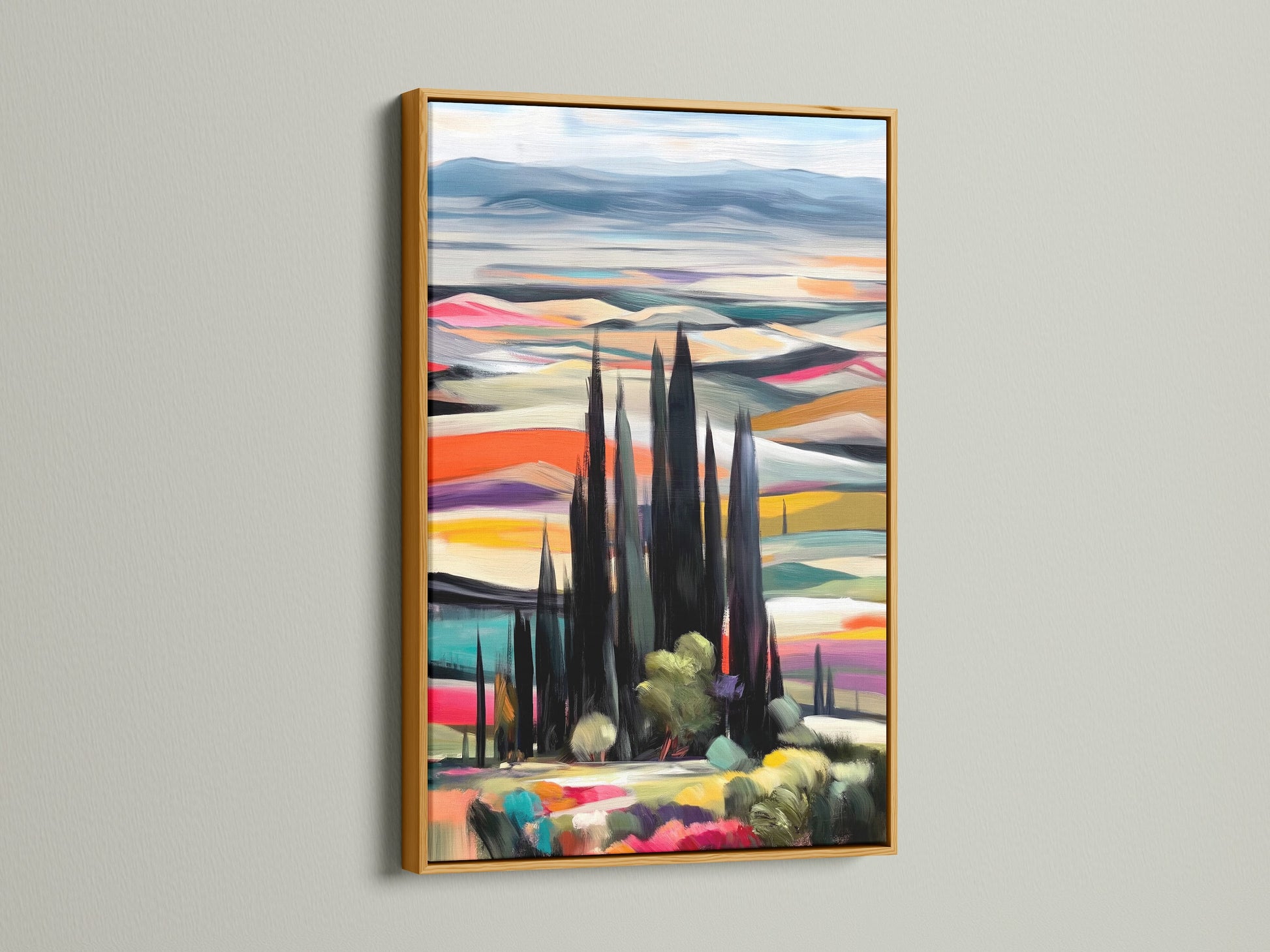 The Tuscan Landscape artwork is beautifully displayed in a gold frame. This colorful wall art captures the essence of the Italian countryside. The gold frame enhances the artwork's vibrancy. Add a touch of elegance to your home decor with this stunning landscape artwork. Perfect for any space.