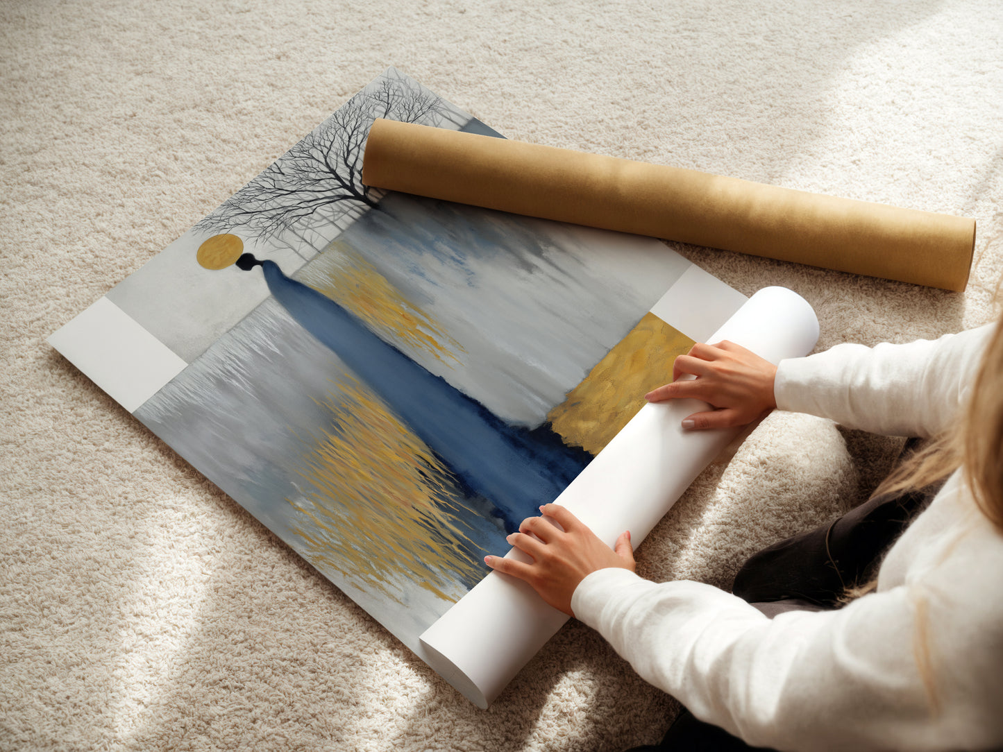 A woman is carefully rolling a fine art poster paper. She is ensuring its quality and preservation. The poster likely features abstract figure artwork with grey blue and gold colors. This demonstrates the care taken in preparing minimalist art for display.