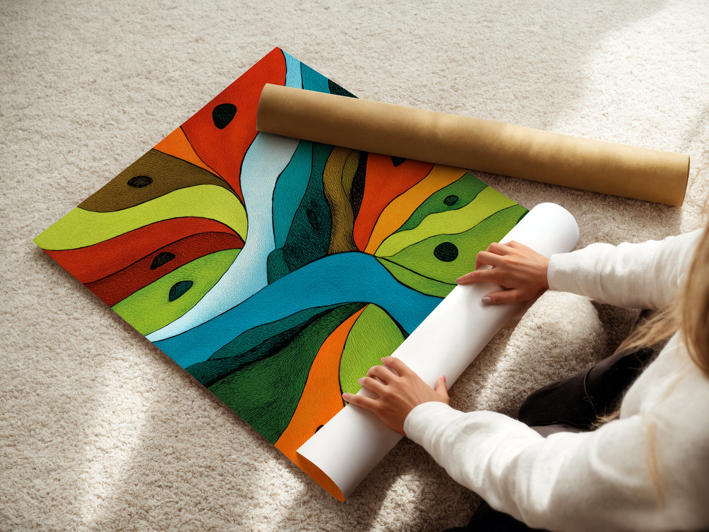 A woman carefully rolls a fine art poster paper. She is preserving its quality and preventing damage. Our fine art poster paper ensures vibrant colors and longevity. Handle your artwork with care. Explore our range of paper options.
