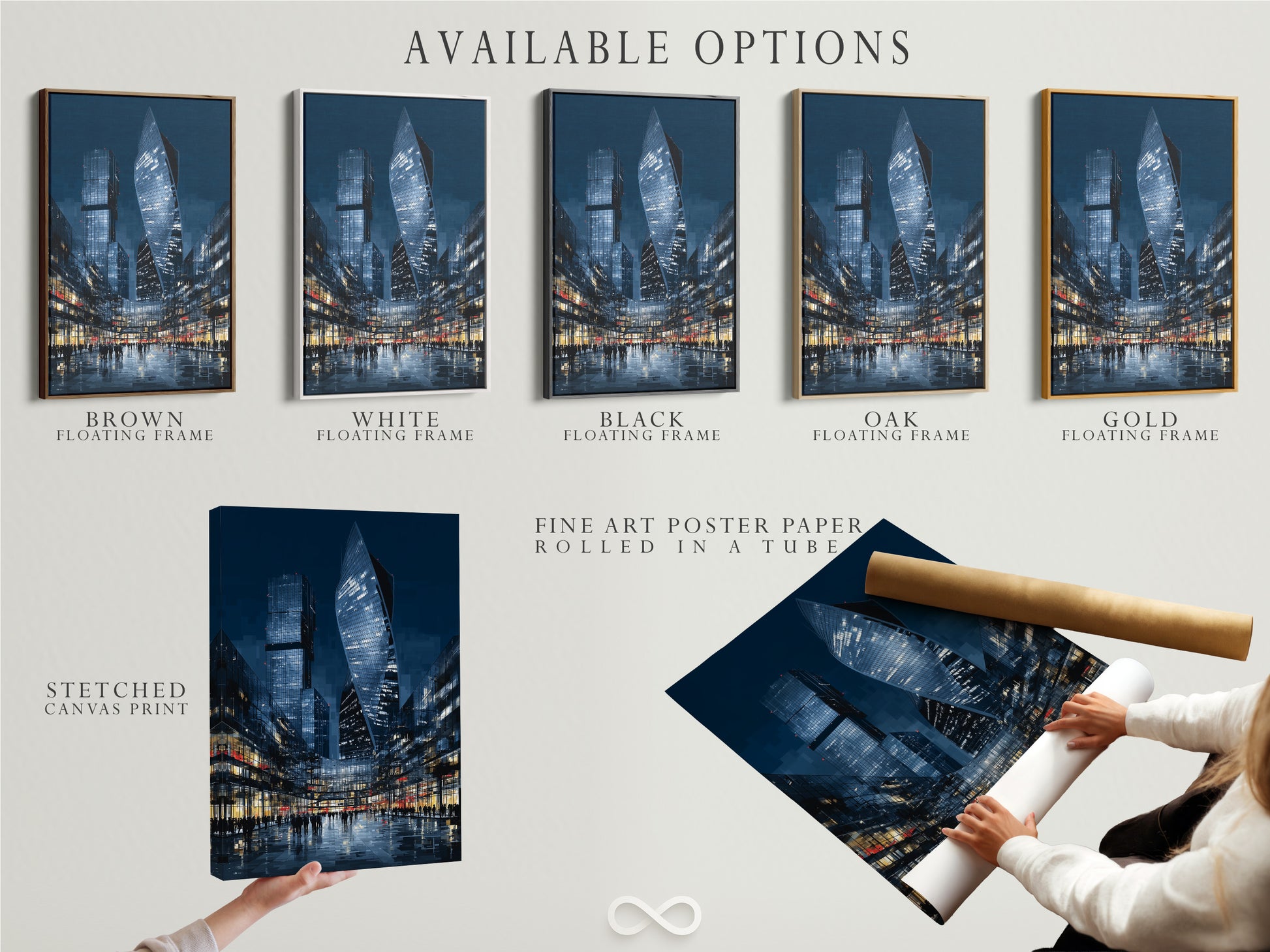 Explore the available options for this city skyline art. Choose from a stretched canvas print or fine art poster paper. Consider a floating frame for a unique display. Find the perfect style to complement your modern art. Customize your urban wall art.