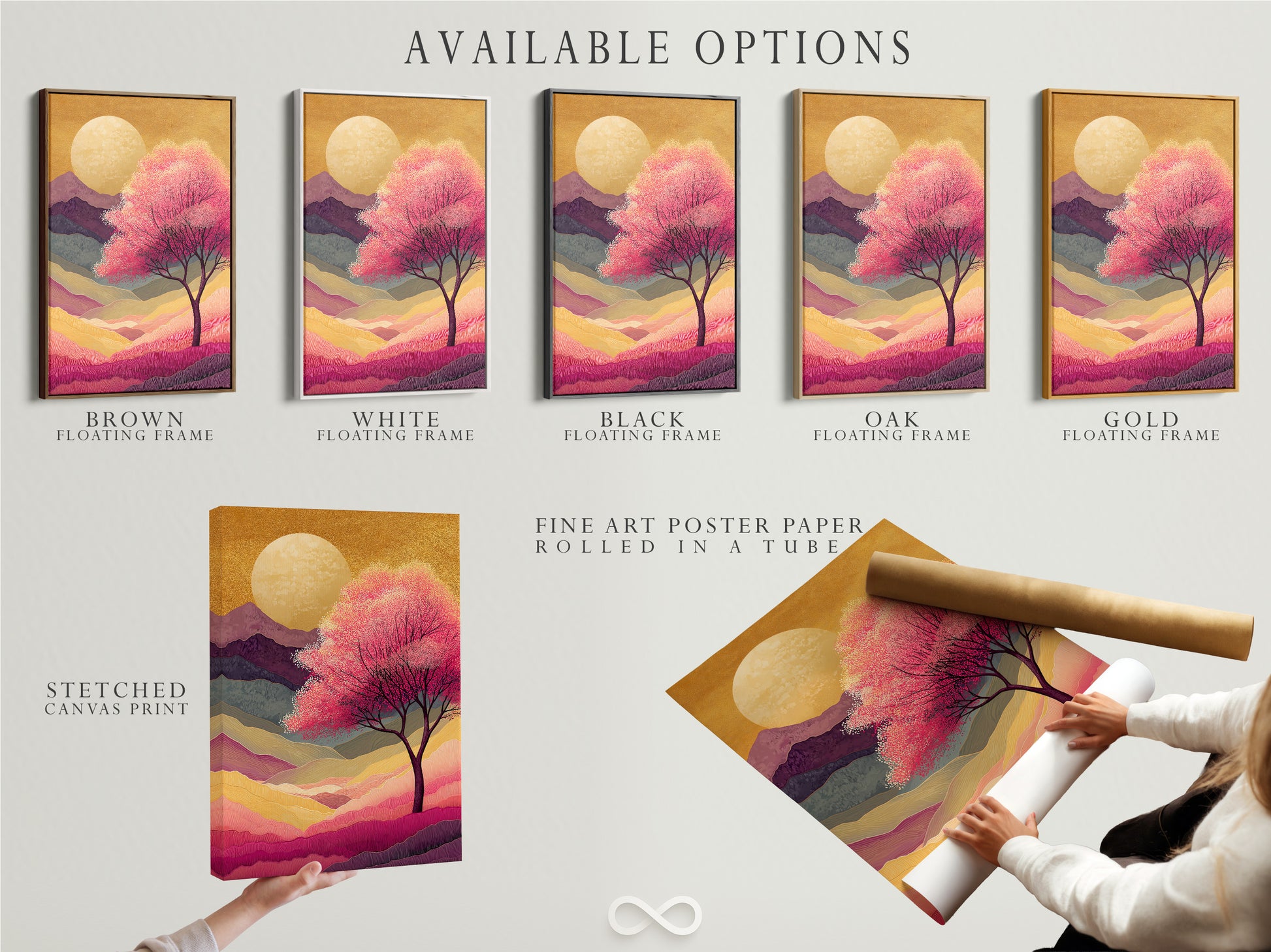 Available options are showcased. Options include a stretched canvas print fine art poster paper and floating frame. The Japanese Cherry Blossom artwork is featured. The artwork features a pink sunset mountain landscape for zen wall decor.