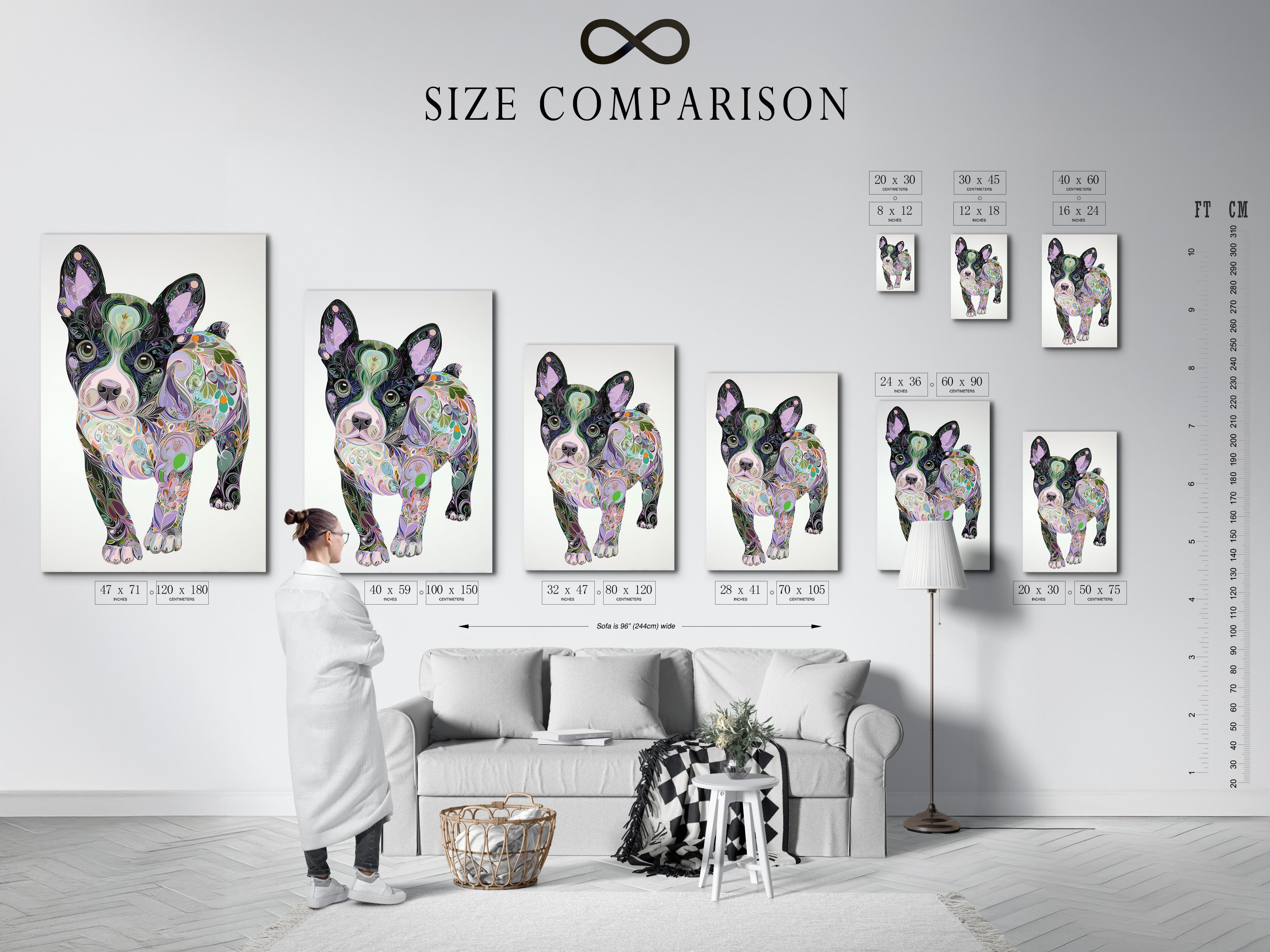 A size comparison chart displayed in an interior setting. The chart showcases various sizes of French Bulldog art prints. Envision this colorful dog wall art in your space. Find the perfect fit for your home decor.
