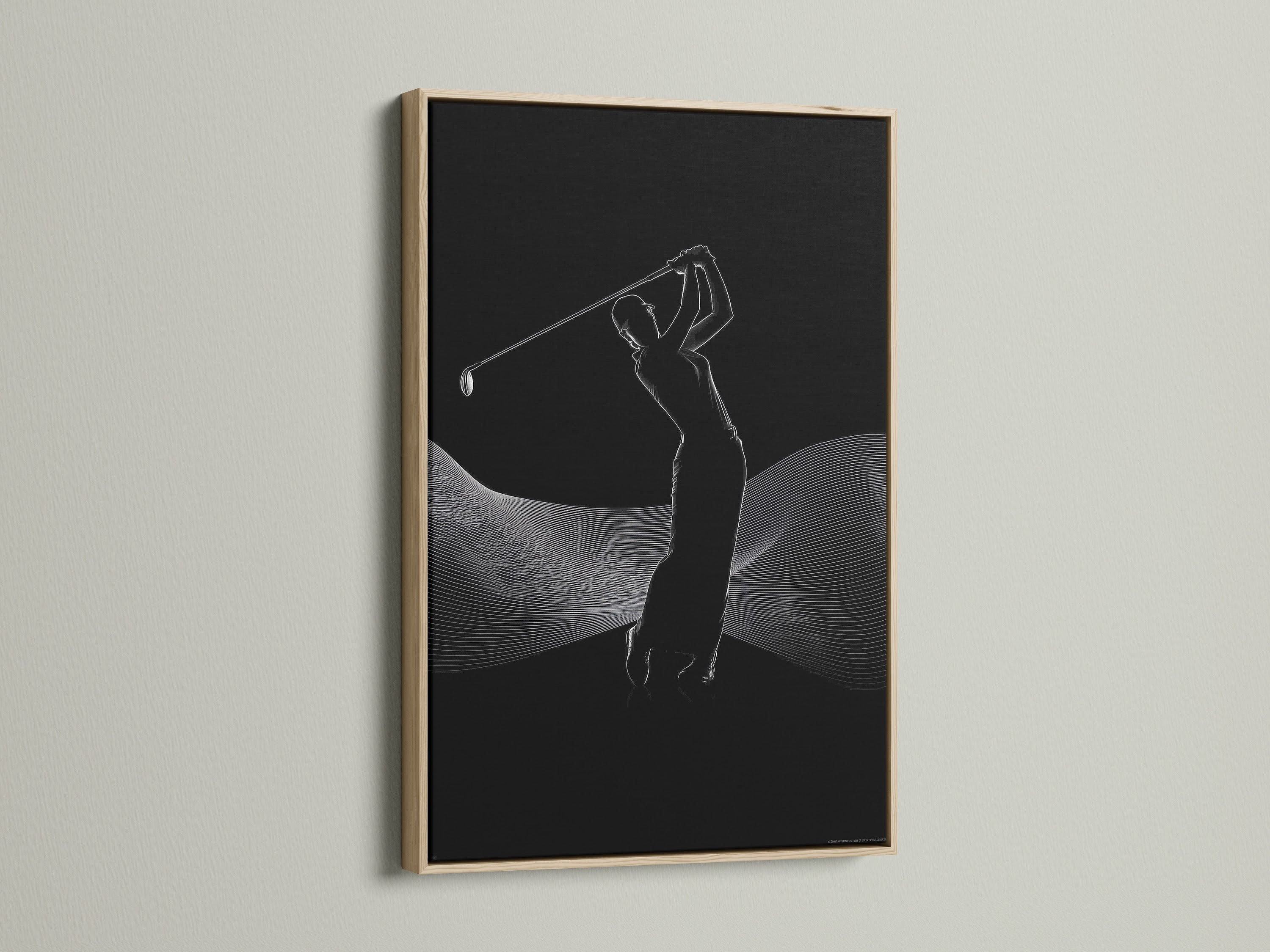 This sports canvas print showcases a golfer silhouette in action. The minimalist design is perfect for office decor or a man cave. It is displayed in a classic oak frame that enhances its contemporary style.