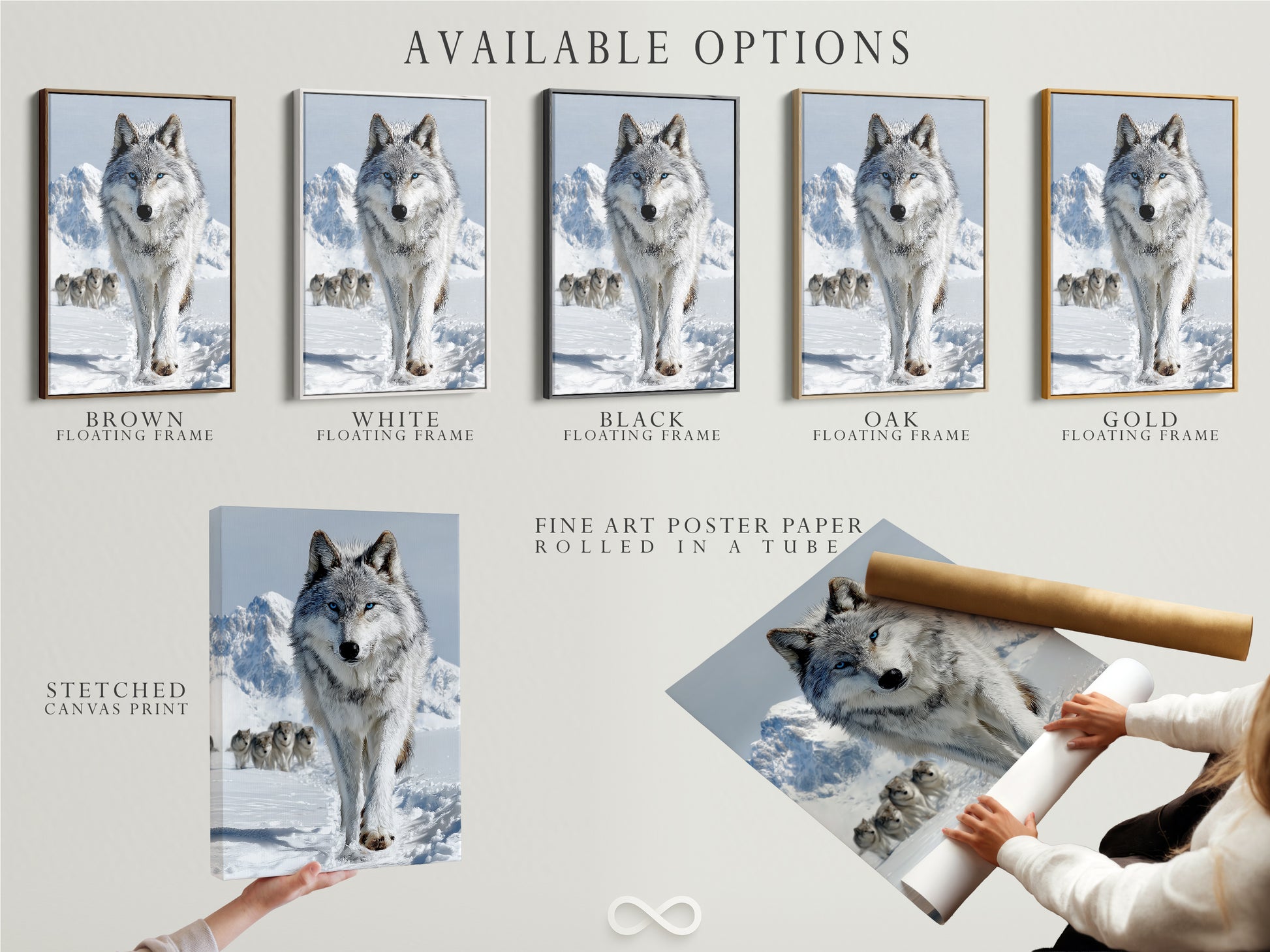 Available options include a stretched canvas print fine art poster paper and floating frame. Wolf pack artwork is shown in this animal wall art. Winter landscape and mountain scenery create a stunning wildlife print for cabin wall decor.