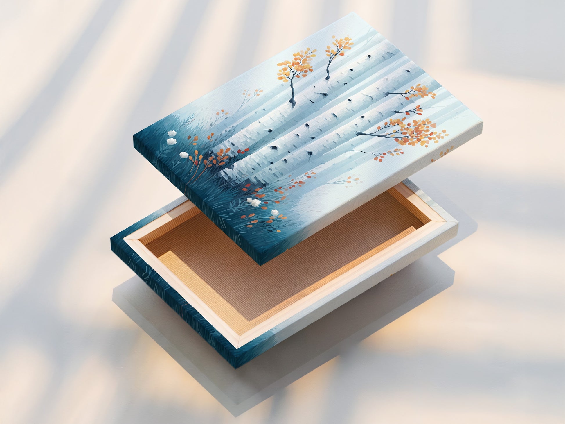 Stretched canvas print featuring birch tree art. The teal forest wall art is ready to hang. Enjoy this Scandinavian style nature print. Perfect for adding a touch of nature to your home decor.