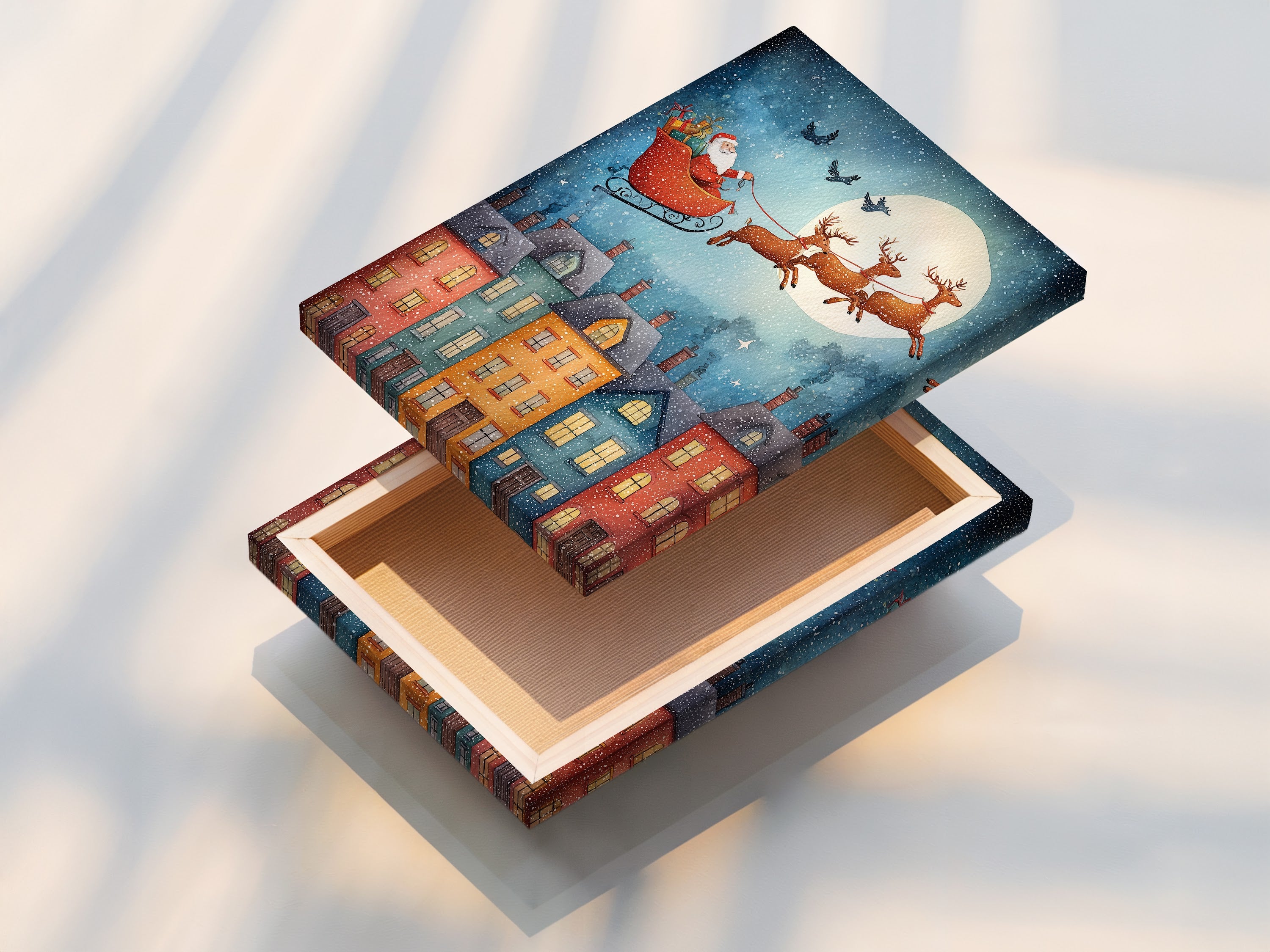 A stretched canvas print displays Santa's Christmas Eve journey. The artwork features Santa and his reindeer flying over a holiday town. Ready to hang this canvas print adds festive cheer. A great choice for family rooms and nurseries.