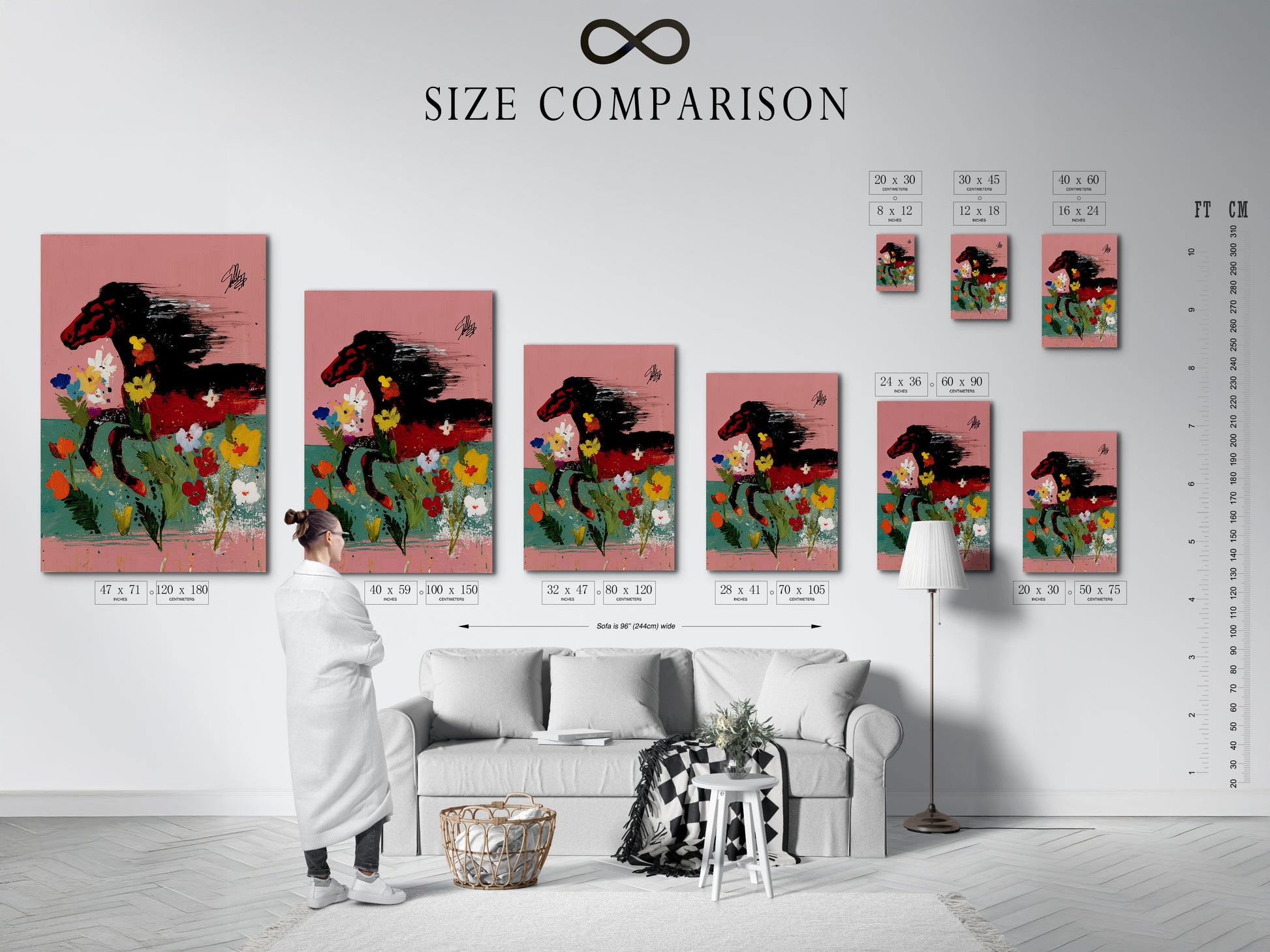 A size comparison chart is displayed in an interior setting showcasing Wild Horse Canvas Art. This chart helps you visualize the perfect size for your space. The floral abstract animal print is ideal for living rooms bedrooms and offices. Find the perfect fit for your decor.