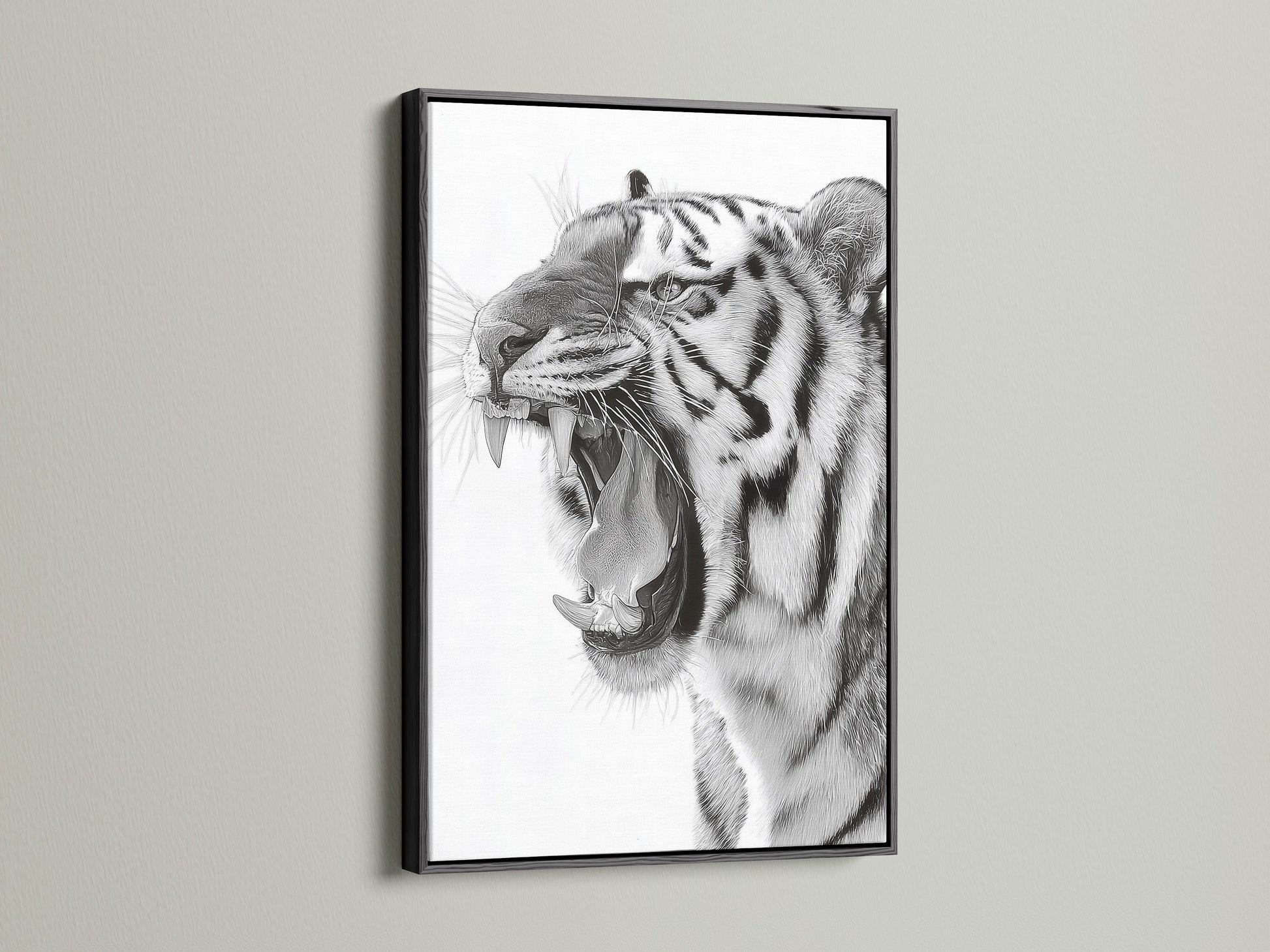 A black frame encases a captivating tiger artwork. The bold black frame creates a dramatic contrast. It enhances the visual impact of the art. Ideal for making a statement in your living space. Elevate your decor with this striking combination.