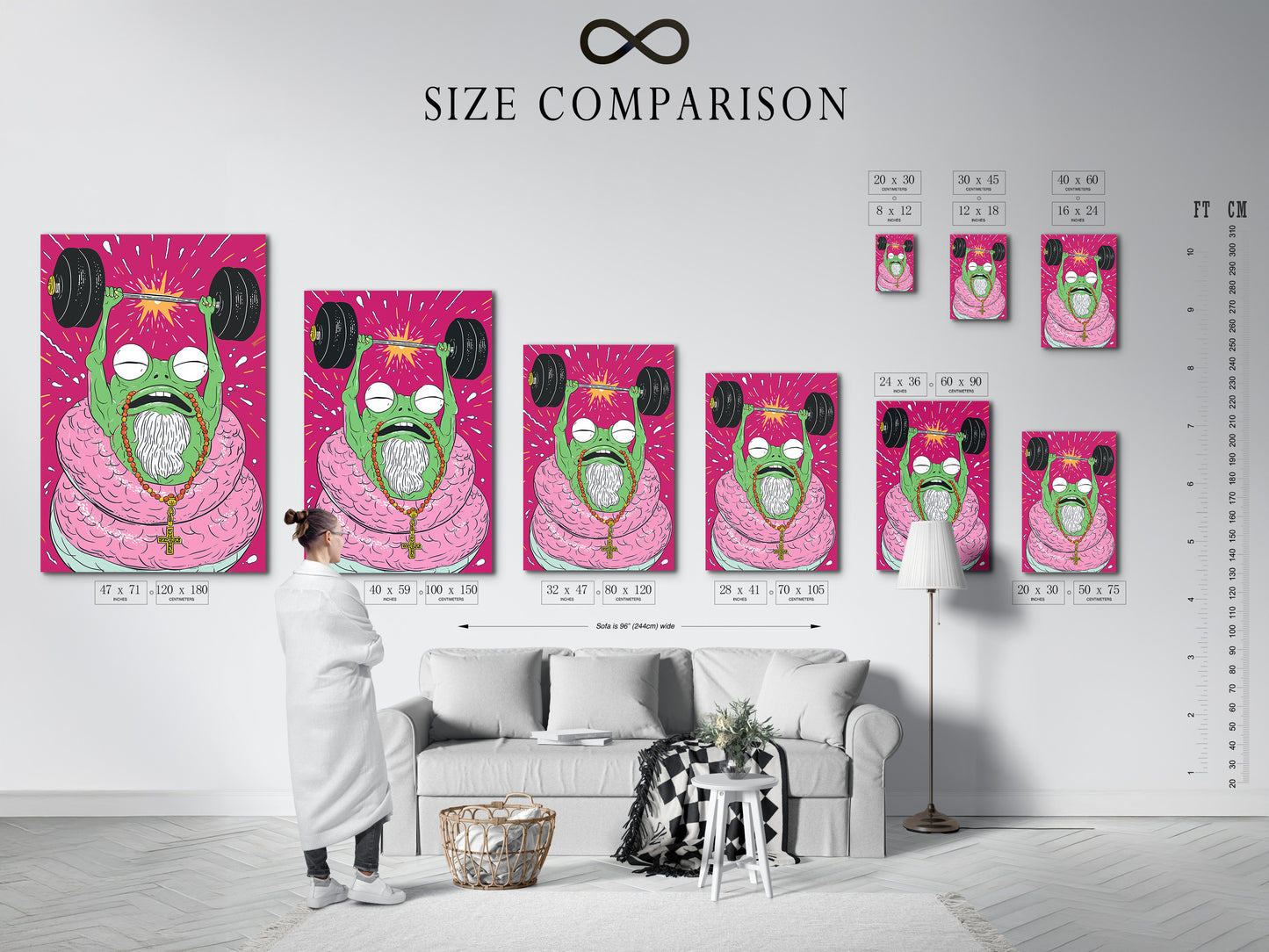Size comparison chart in an interior setting. See how the Fitness Frog art print looks in different sizes. This weightlifting gym art fits many spaces. Plan your home gym wall decor today.