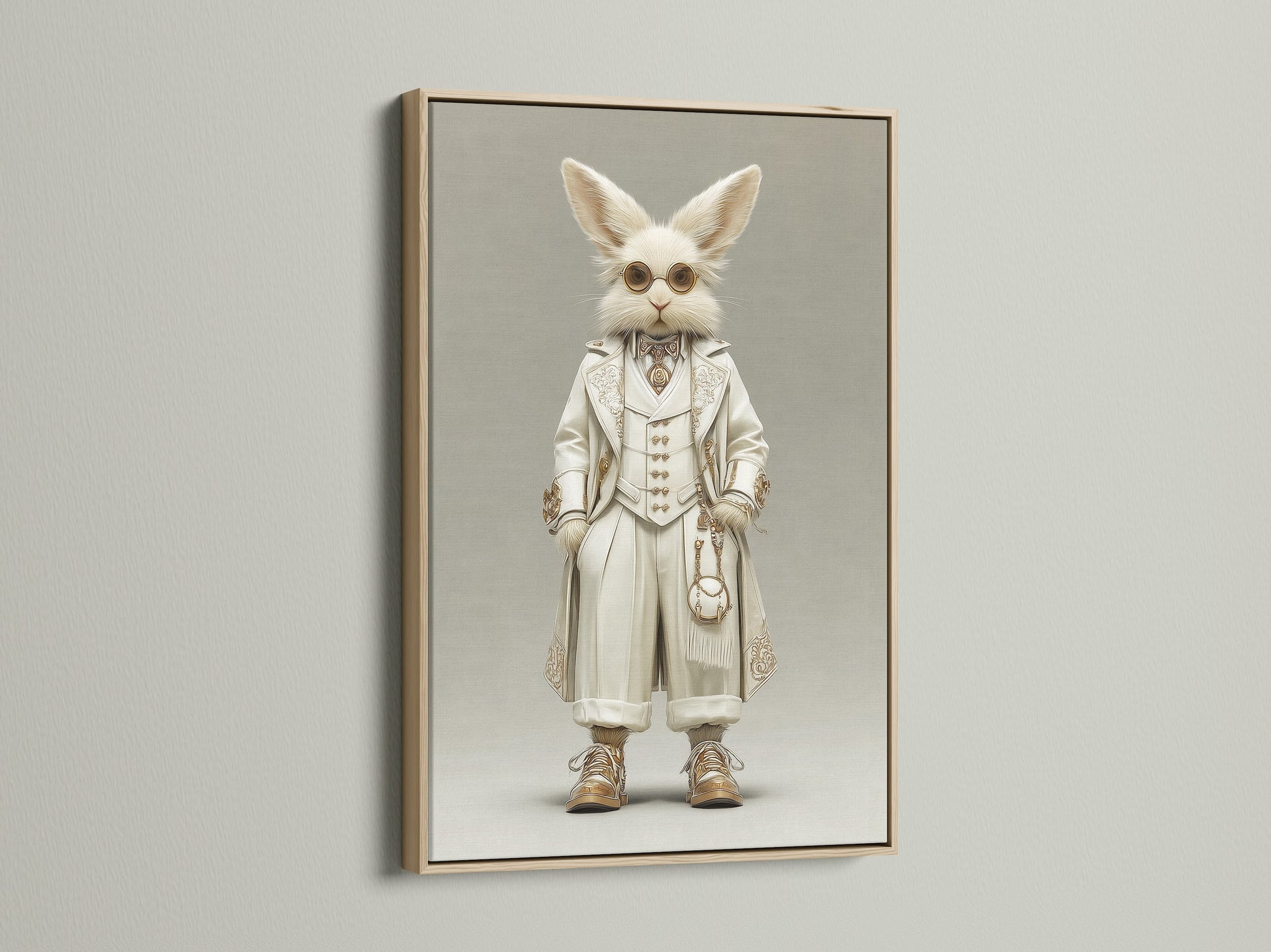 This image displays the Victorian Steampunk Rabbit artwork framed in oak. The oak frame enhances the vintage feel. This gentleman rabbit art is ideal for adding character to your decor. It is a unique piece of vintage wall art. The oak frame complements Victorian and modern styles.