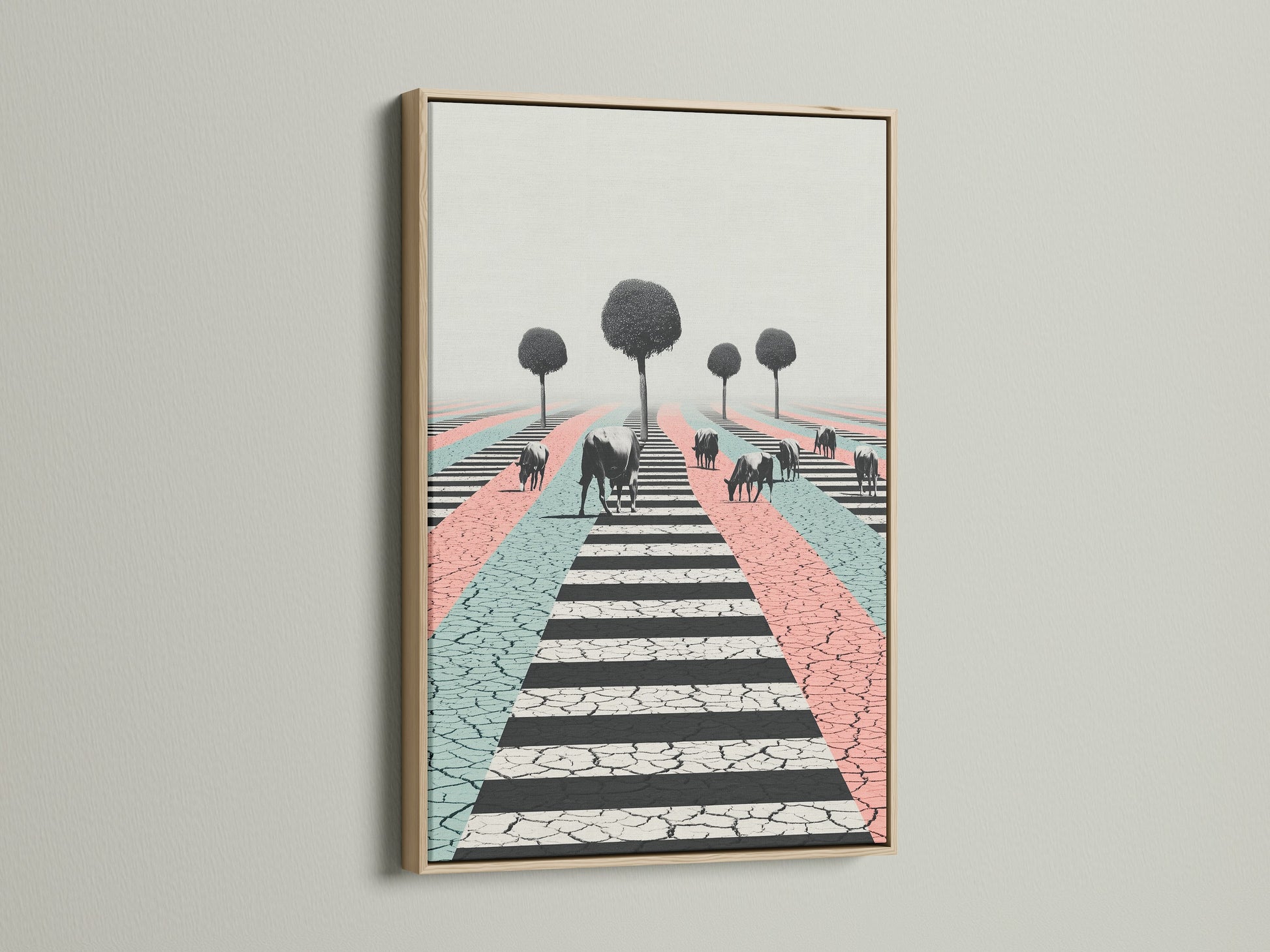 This oak frame showcases a surreal cow artwork. The print features pastel colors and a unique cracked zebra crossing. Ideal for modern farmhouse decor. Discover how framed animal art elevates your space.