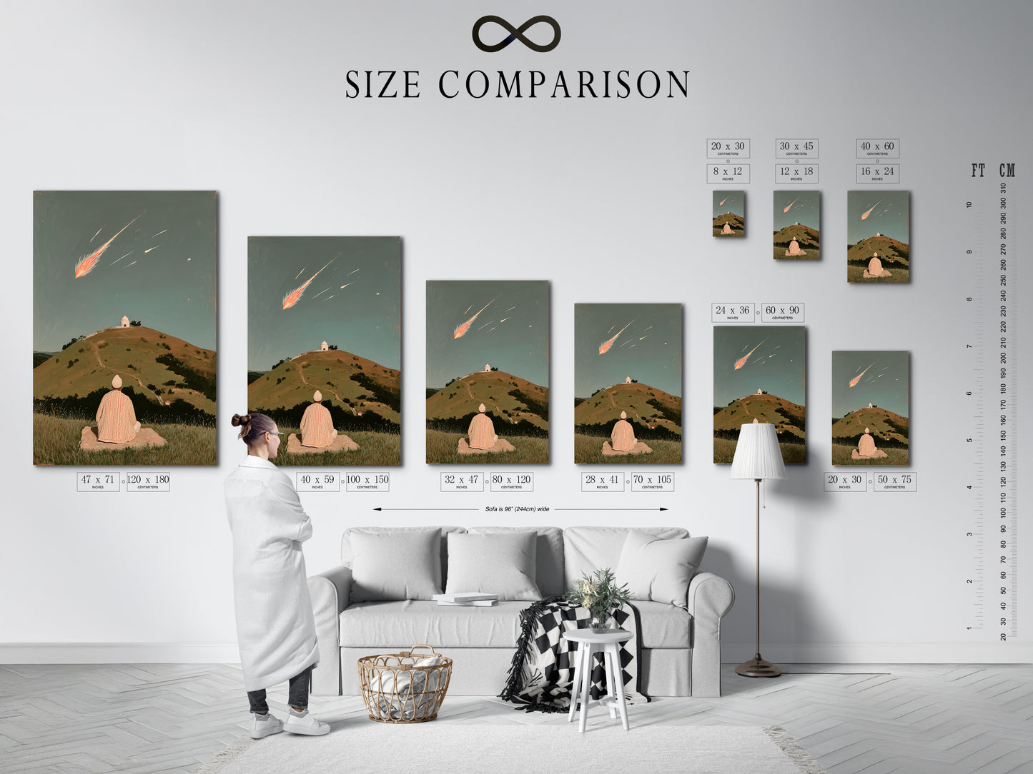 A size comparison chart in an interior setting. See how the Shooting Star artwork fits in various room sizes. Visualize the impact of this spiritual landscape. Choose the perfect size for your meditation room or living space.