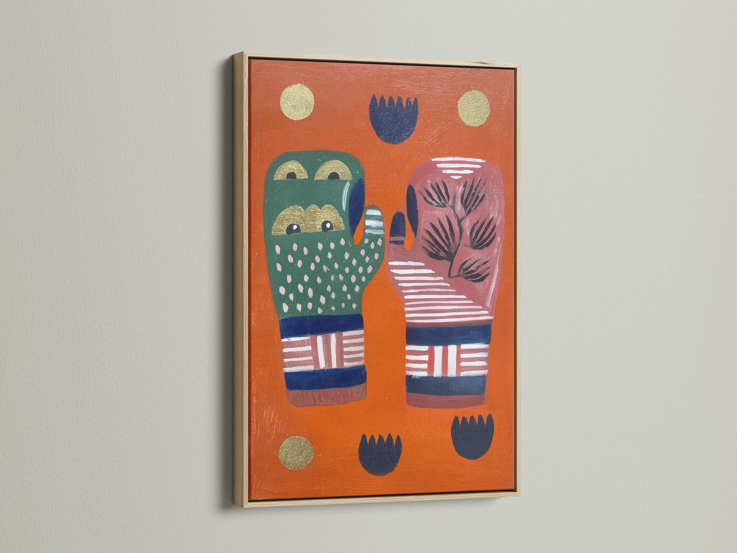 A close-up of an abstract hands art print is presented in an oak frame. The artwork features colorful graphic elements and modern folk art details. The oak frame enhances the artwork's aesthetic. It makes it ideal for living rooms studios and boutique wall decor. This piece adds a touch of bohemian style.