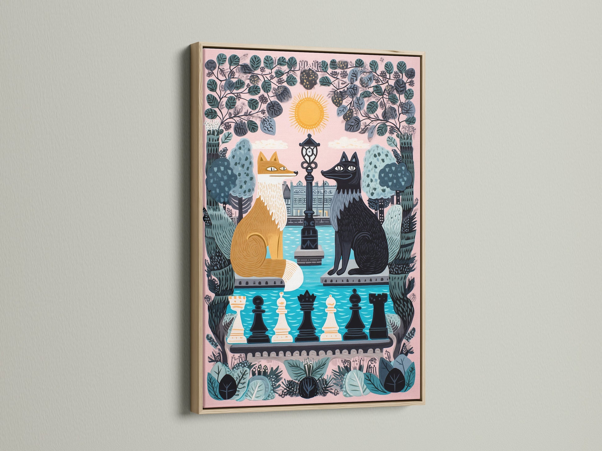Fox and Wolf Canvas Print displayed in an oak frame. This whimsical chess art is perfect for kids room decor. The pink pastel artwork creates a soothing atmosphere. It's a charming fable print for animal art lovers. Add a touch of storybook art to your nursery wall. This cute art piece enhances any space.
