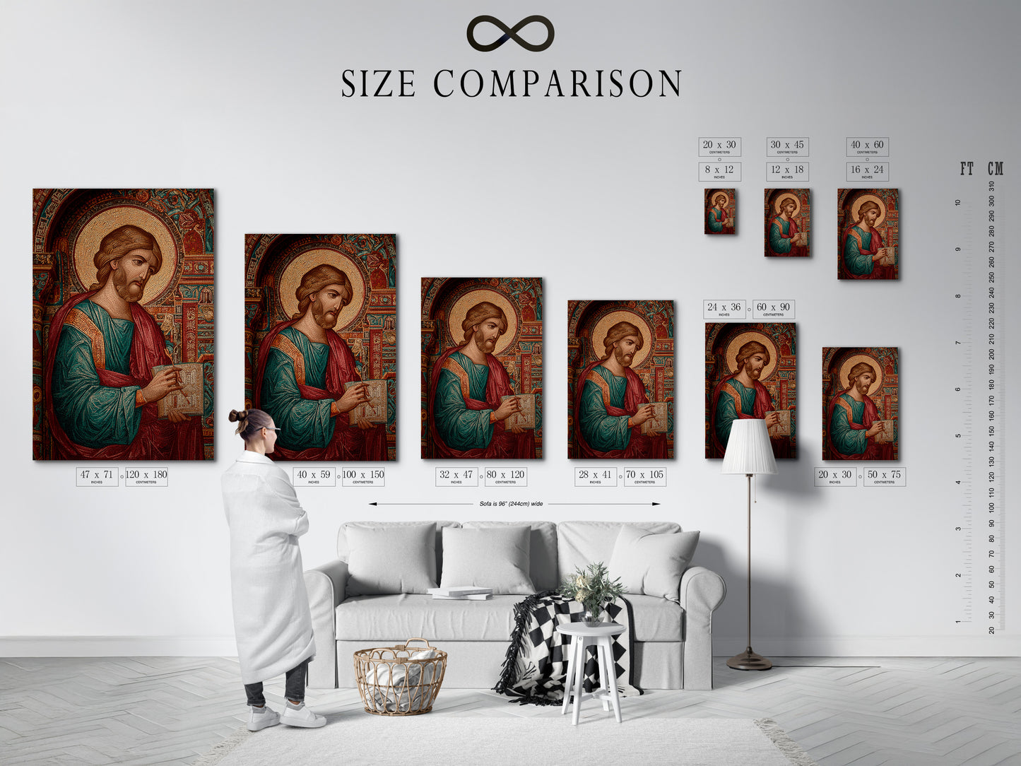 A size comparison chart is shown in an interior setting. The chart helps visualize artwork dimensions. It helps you choose the perfect size for your space. Find the right fit with our size guide.