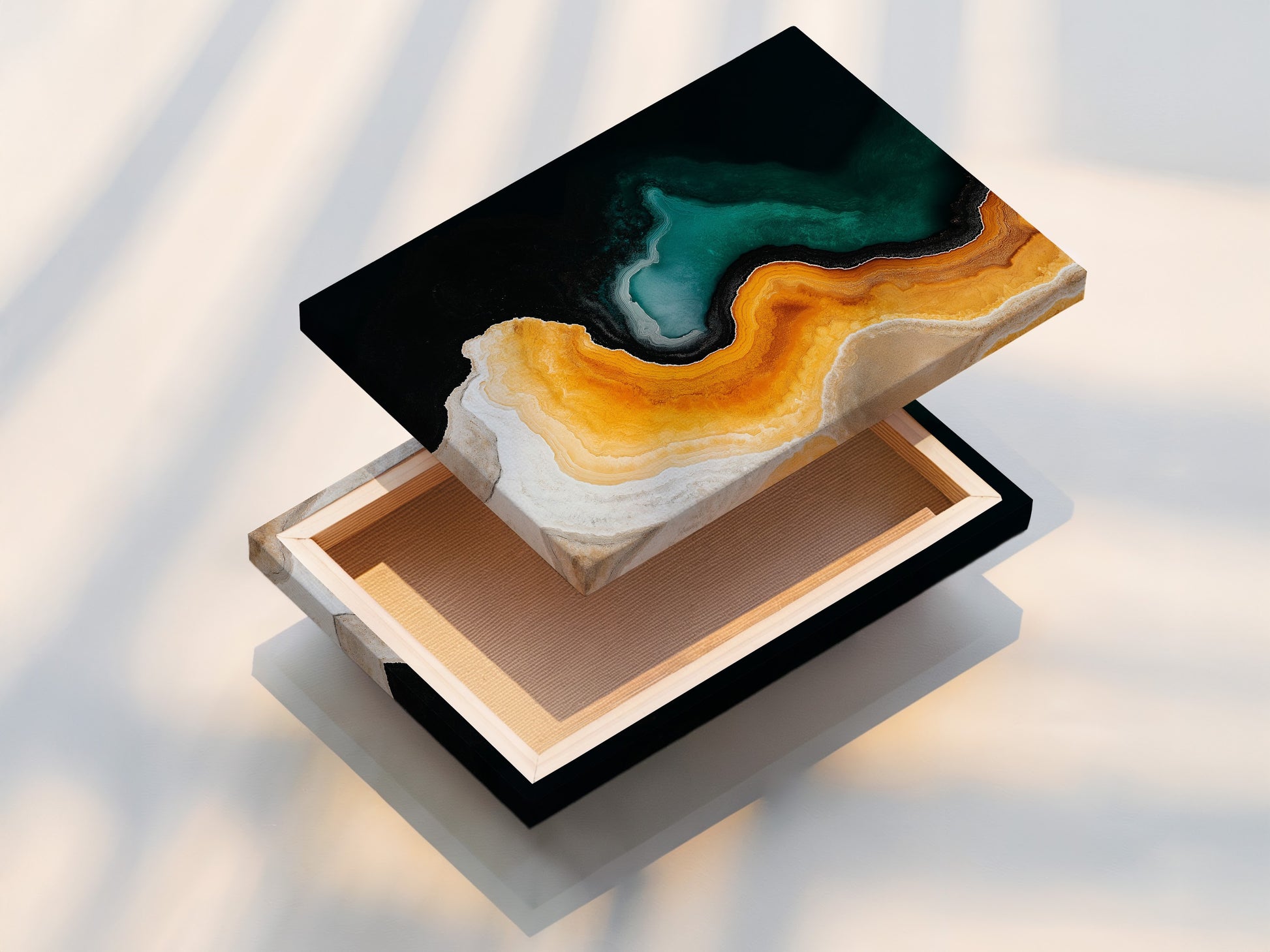 A stretched canvas print is displayed. The canvas is stretched tightly over a wooden frame. The artwork wraps around the edges. Experience the gallery-wrapped look of our stretched canvas prints. It offers a professional touch.