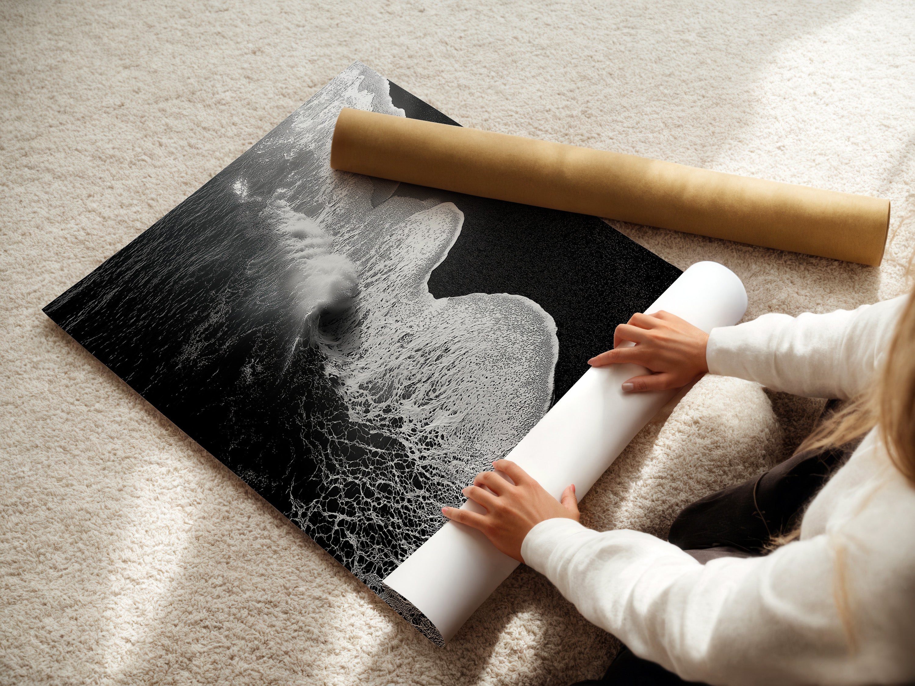 A woman is carefully rolling a fine art poster paper. The paper showcases a black and white ocean wave artwork print. This image highlights the care and precision. The precision involved in preparing coastal wall art. Ideal for those seeking minimalist decor. Explore ocean photography with this stunning piece.