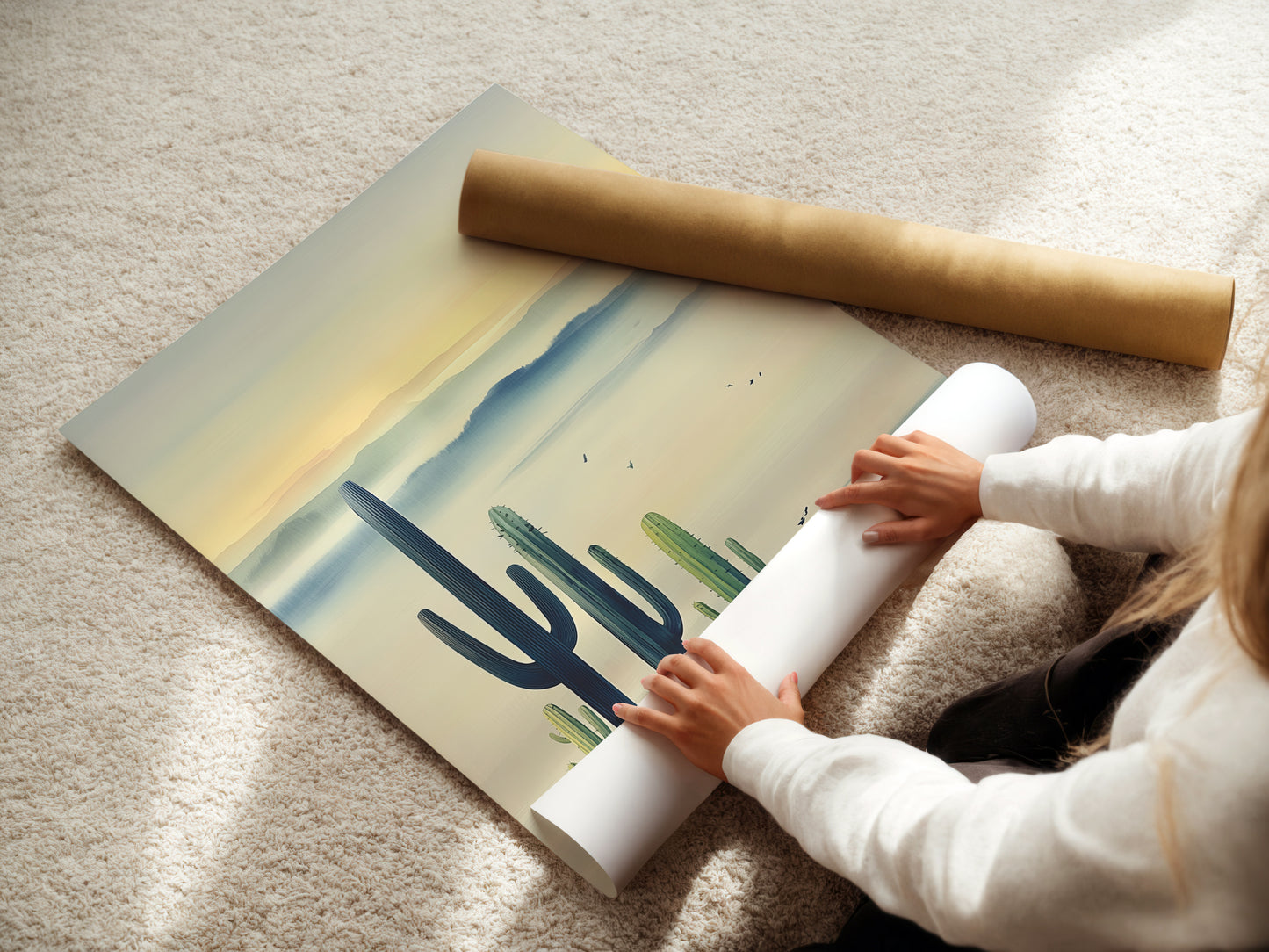 A woman rolling a fine art poster paper print. Preparing a cactus art print for your home. The desert canvas is ready to be framed. The southwest decor will look beautiful. The blue haze art is printed with care.