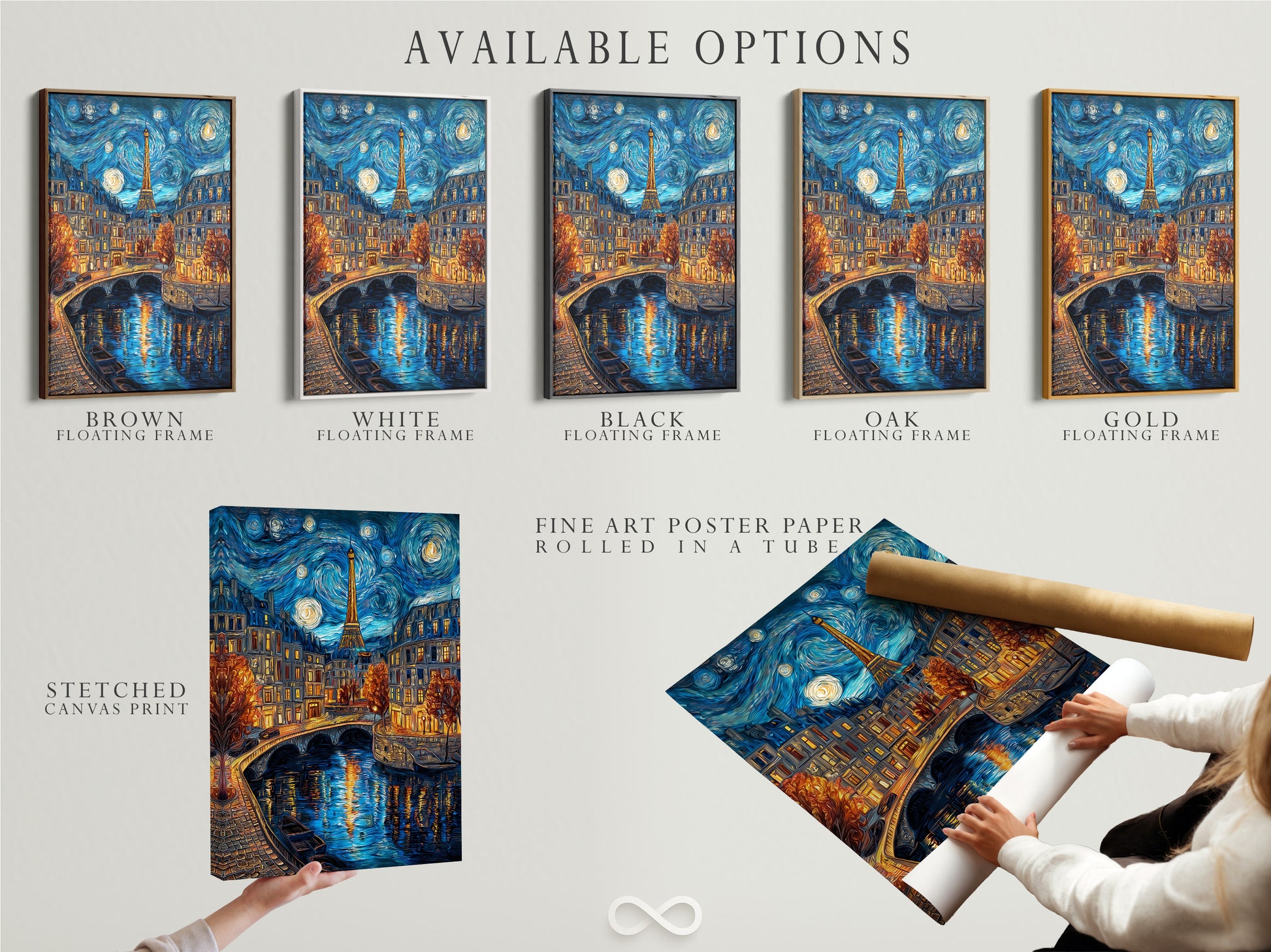 Available options are displayed: stretched canvas print fine art poster paper and floating frame. Choose the perfect option to display your art. Customize your art to match your style and space. Get started today.