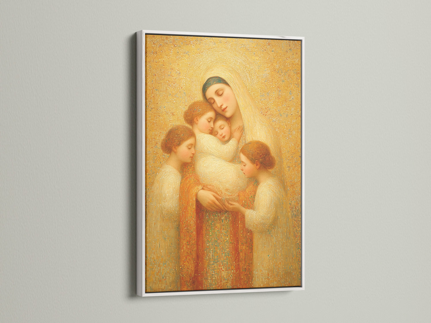 Artwork displayed in a white frame. The white frame provides a clean look. It enhances the artwork. A white frame offers a modern touch. Display your favorite art in style. Enjoy the art.