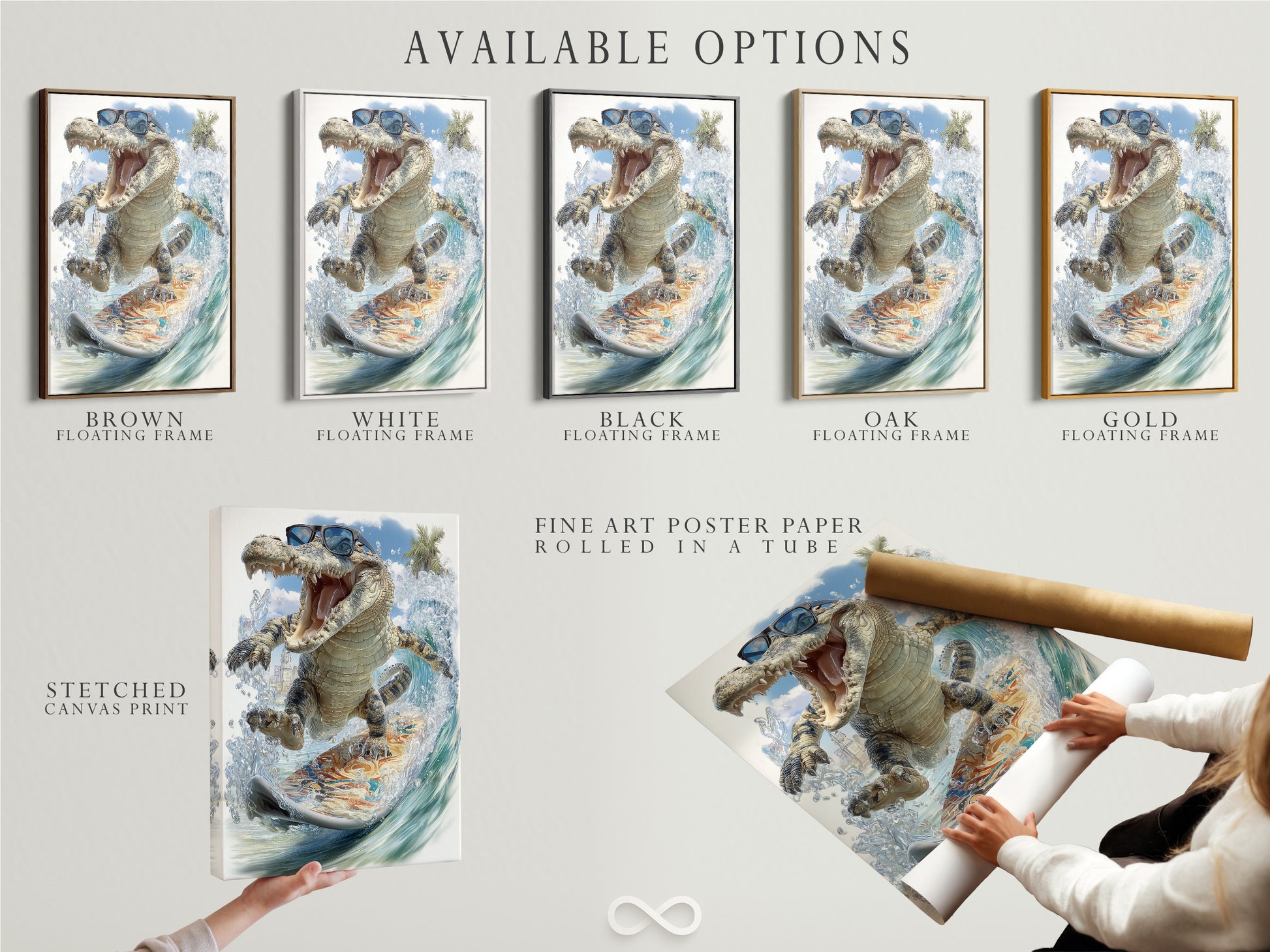 Available options for the cool alligator artwork. The artwork includes a stretched canvas print fine art poster paper and a floating frame. This tropical surf print is funny animal art for beach house decor and kids room art.