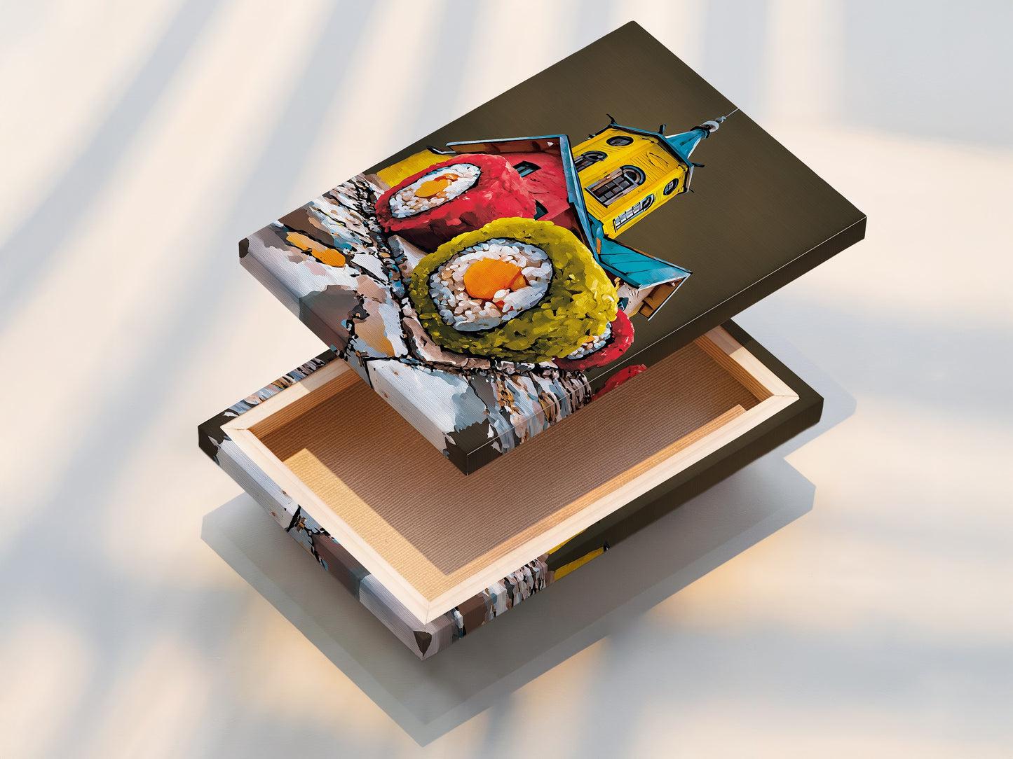 A stretched canvas print of sushi artwork is displayed. Ready to hang. This modern piece enhances kitchen wall decor and dining areas. Ideal for those seeking Japanese food art and colorful artwork for their space.