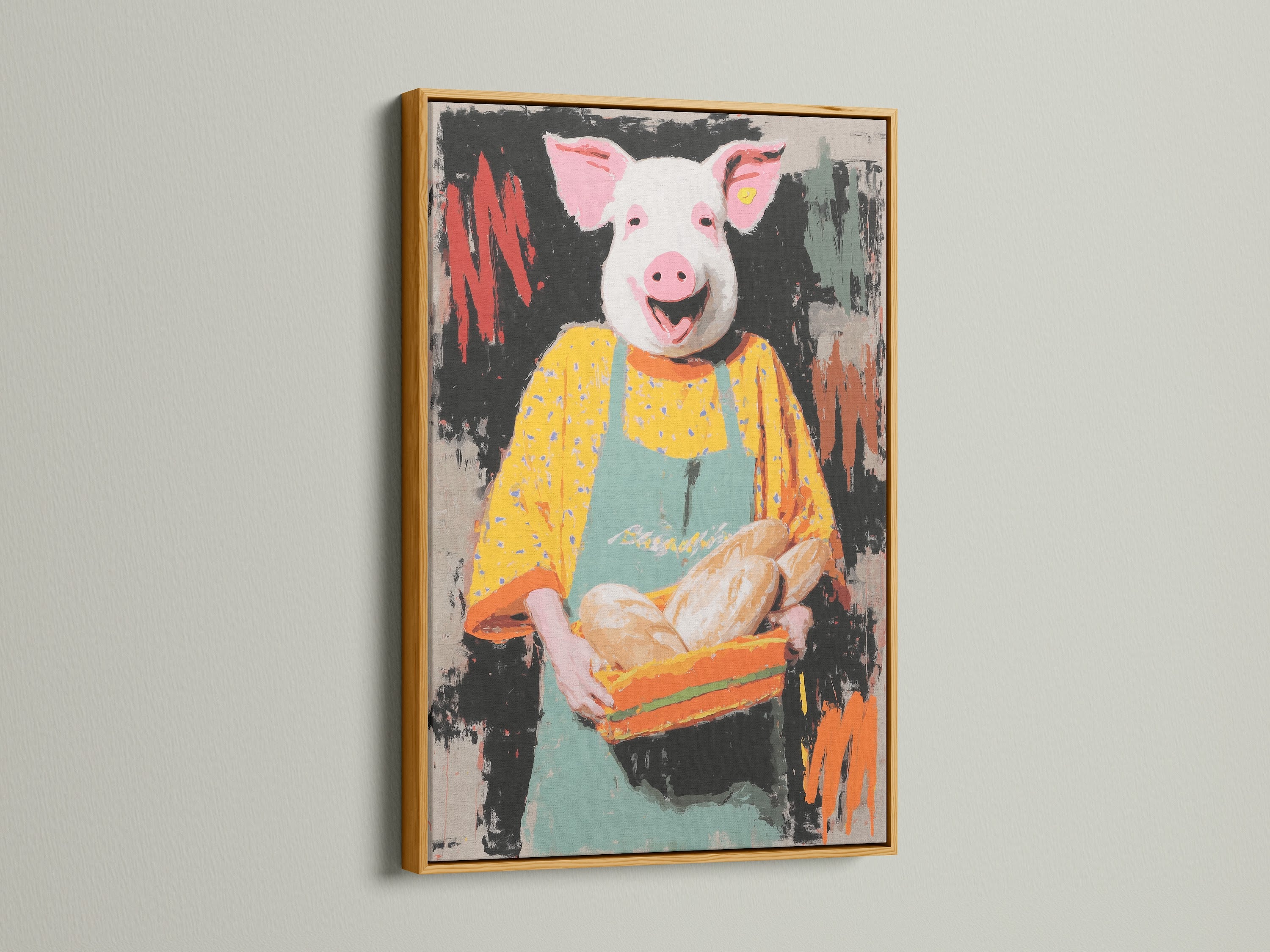 Pig Baker artwork in a gold frame. This cute pig print will enhance your kitchen. This is funny animal art for dining rooms. The pig artwork features a chef. It is great bakery wall decor.