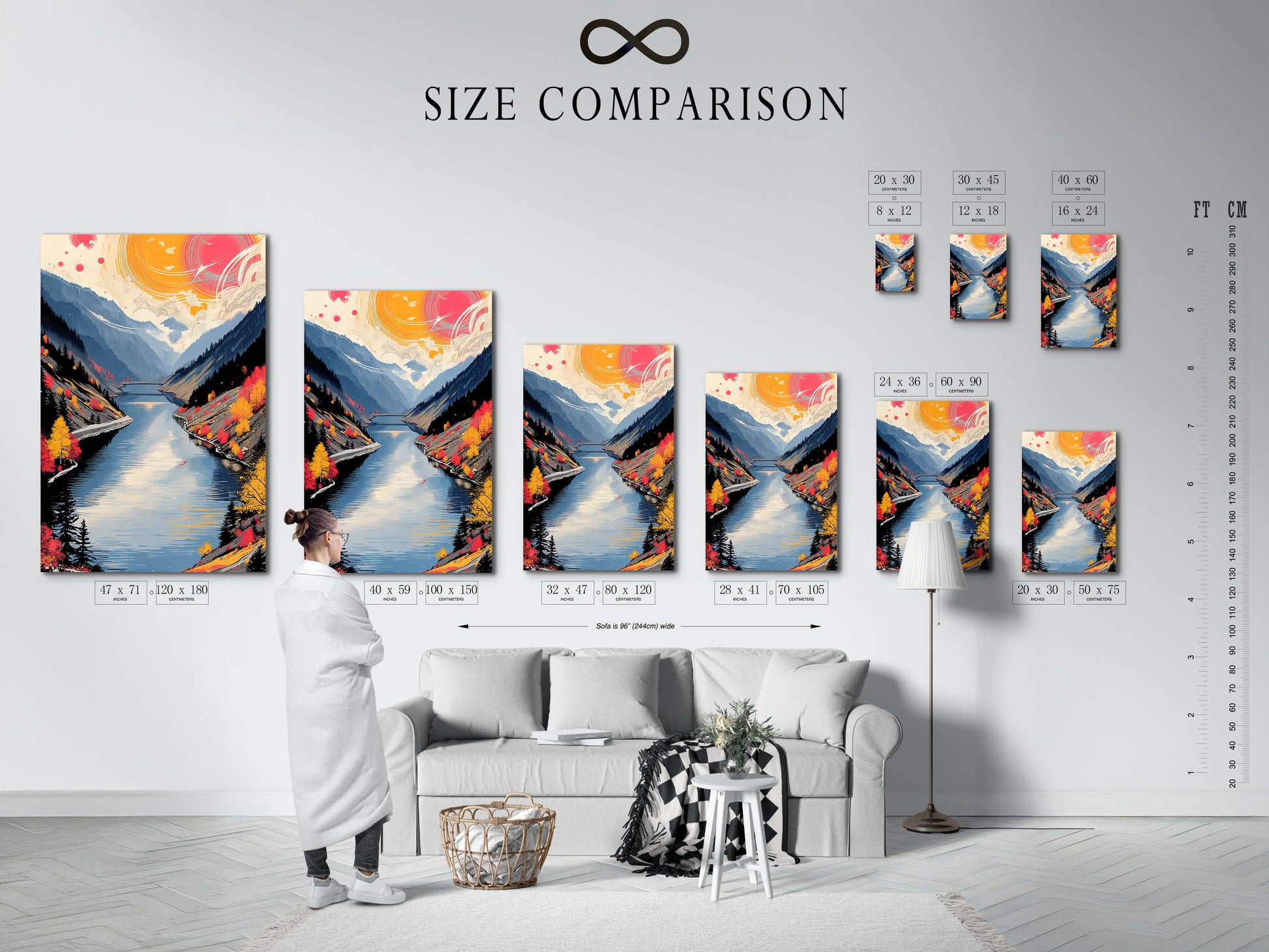 Size comparison chart in an interior setting. See how different sizes of mountain lake art autumn landscape prints look in your space. Perfect for planning your wall decor whether you are a homeowner renter or business owner.
