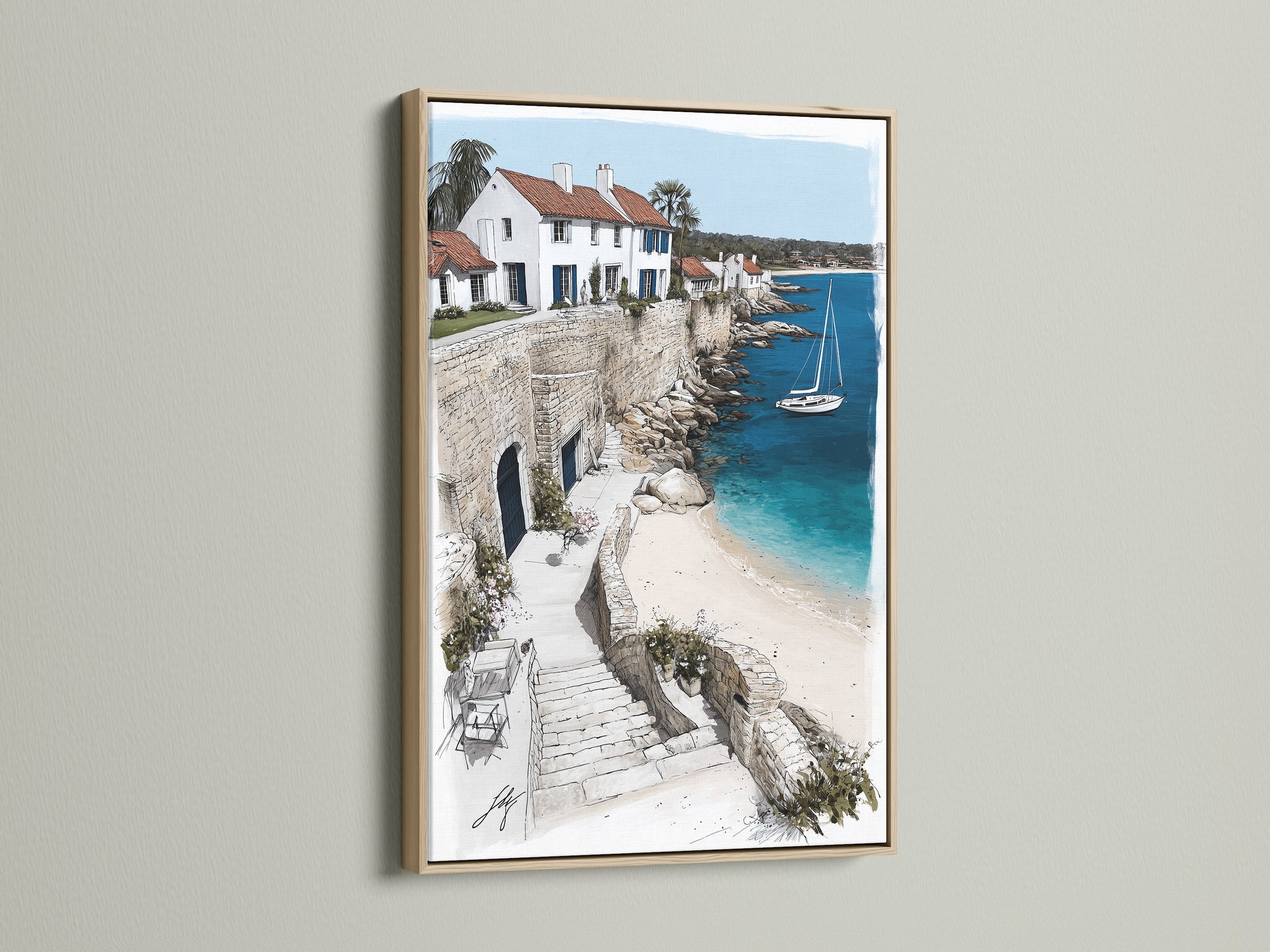 Coastal Village artwork in an oak frame. The artwork showcases a picturesque seaside town. White buildings meet the azure sea. A sailboat is on the horizon. The oak frame enhances the coastal artwork. This piece brings a touch of Mediterranean elegance to your home.