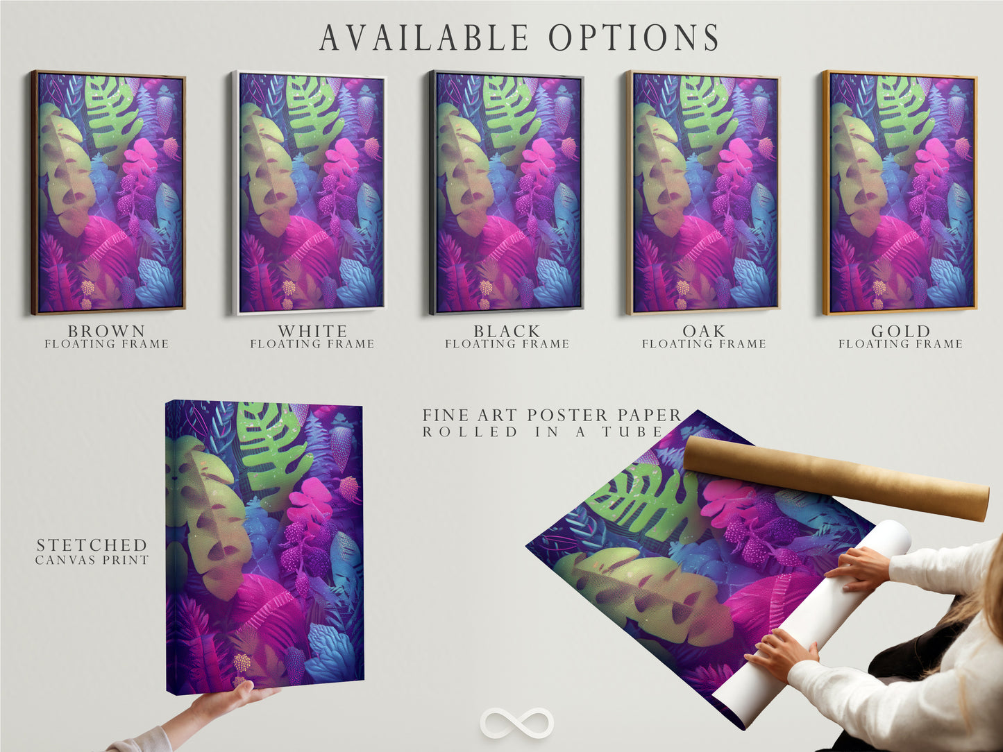 Explore available options for tropical leaves artwork. Choose from stretched canvas prints fine art poster paper or floating frames. Customize your neon botanical wall art to suit your style. Perfect exotic foliage poster for any space.