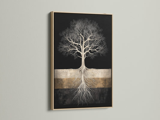 Tree of Life art in an oak frame. This modern canvas print features a black and gold color palette. It's ideal for bedroom wall decor. This nature artwork is a contemporary statement piece.