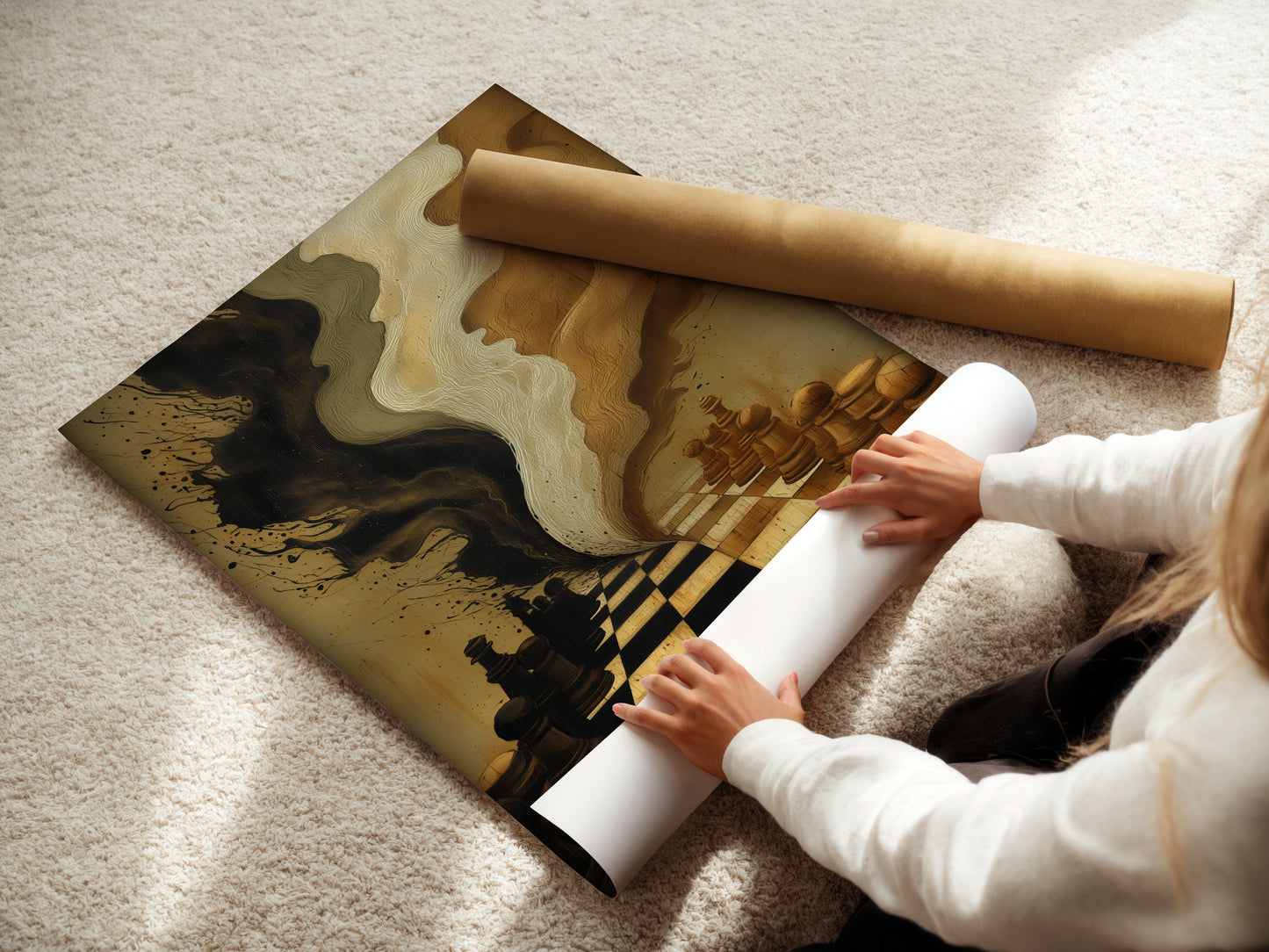 A woman is carefully rolling a fine art poster paper. The paper is high-quality ensuring vibrant colors. This poster is perfect for framing. This fine art paper showcases every detail.