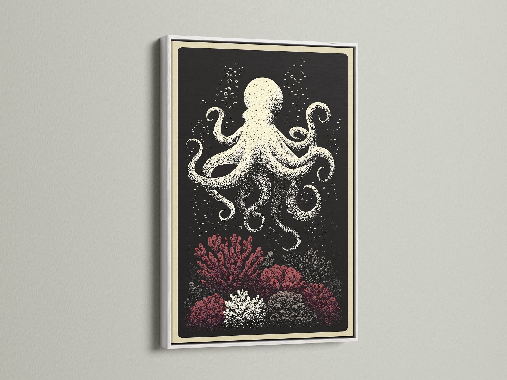 White Frame art print. This octopus canvas print is nautical wall art. It showcases coral reef art for coastal home decor. The white frame offers a clean modern look. Elevate your space with ocean creature artwork.