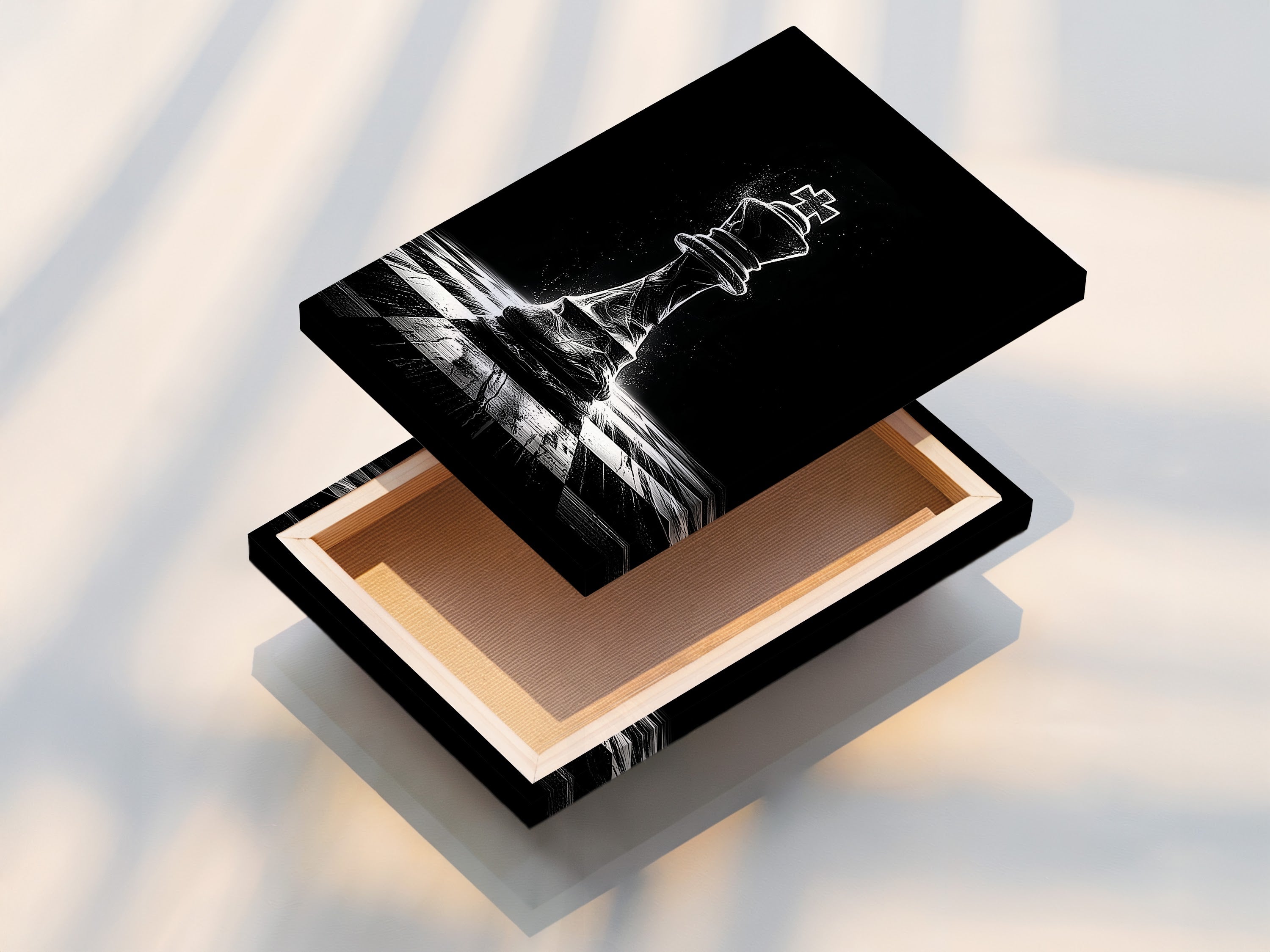 The stretched canvas print showcases the chess king artwork. The canvas texture enhances the black and white strategy art. This option is ideal for adding a contemporary touch to living rooms or offices. The stretched canvas is ready to hang.