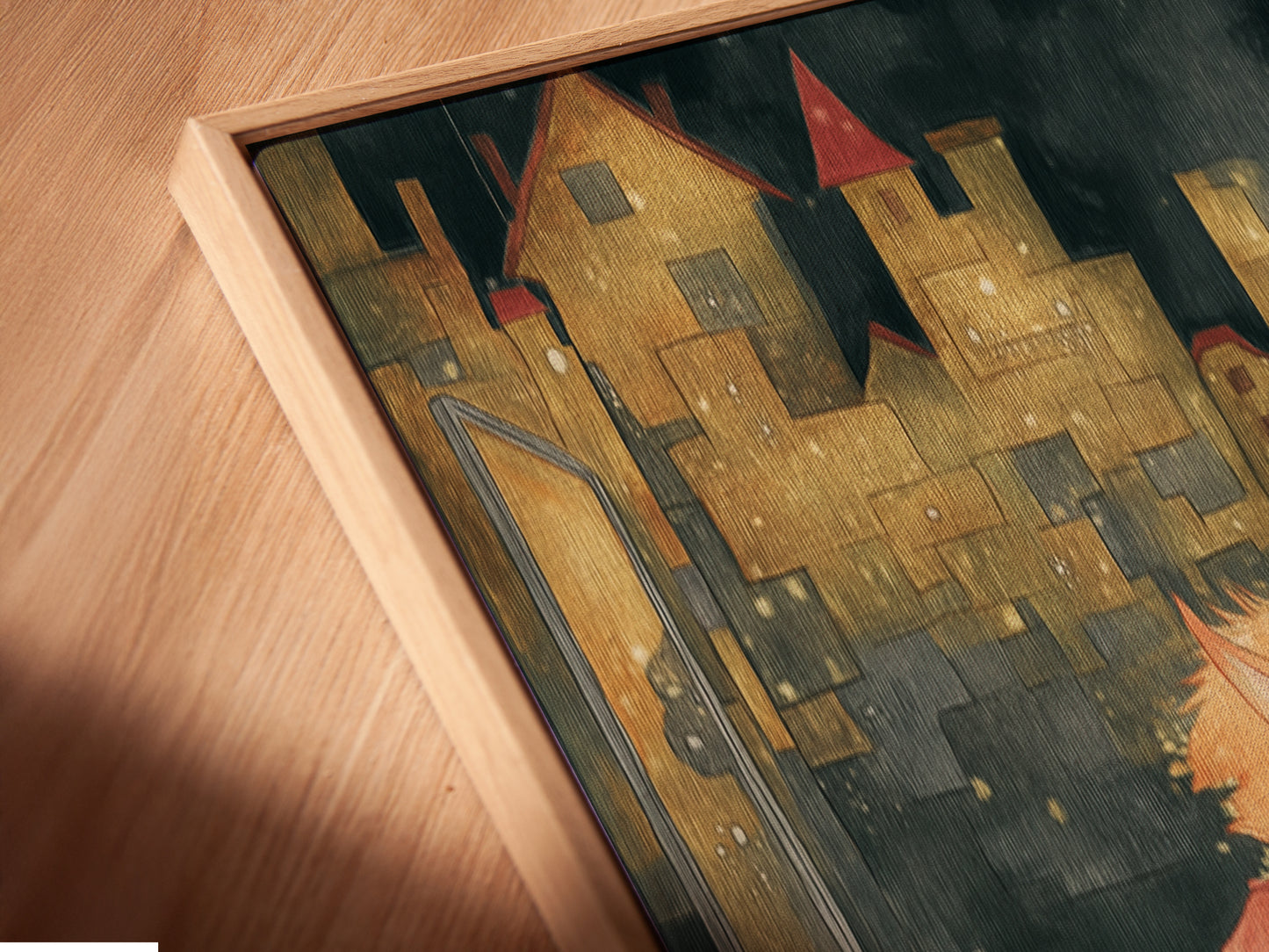 Angled close-up of a canvas print in a floating frame. The artwork features a dog reading a newspaper. This creates a modern and stylish look. Perfect for adding a touch of humor to any room. The floating frame enhances the artwork's visual appeal.