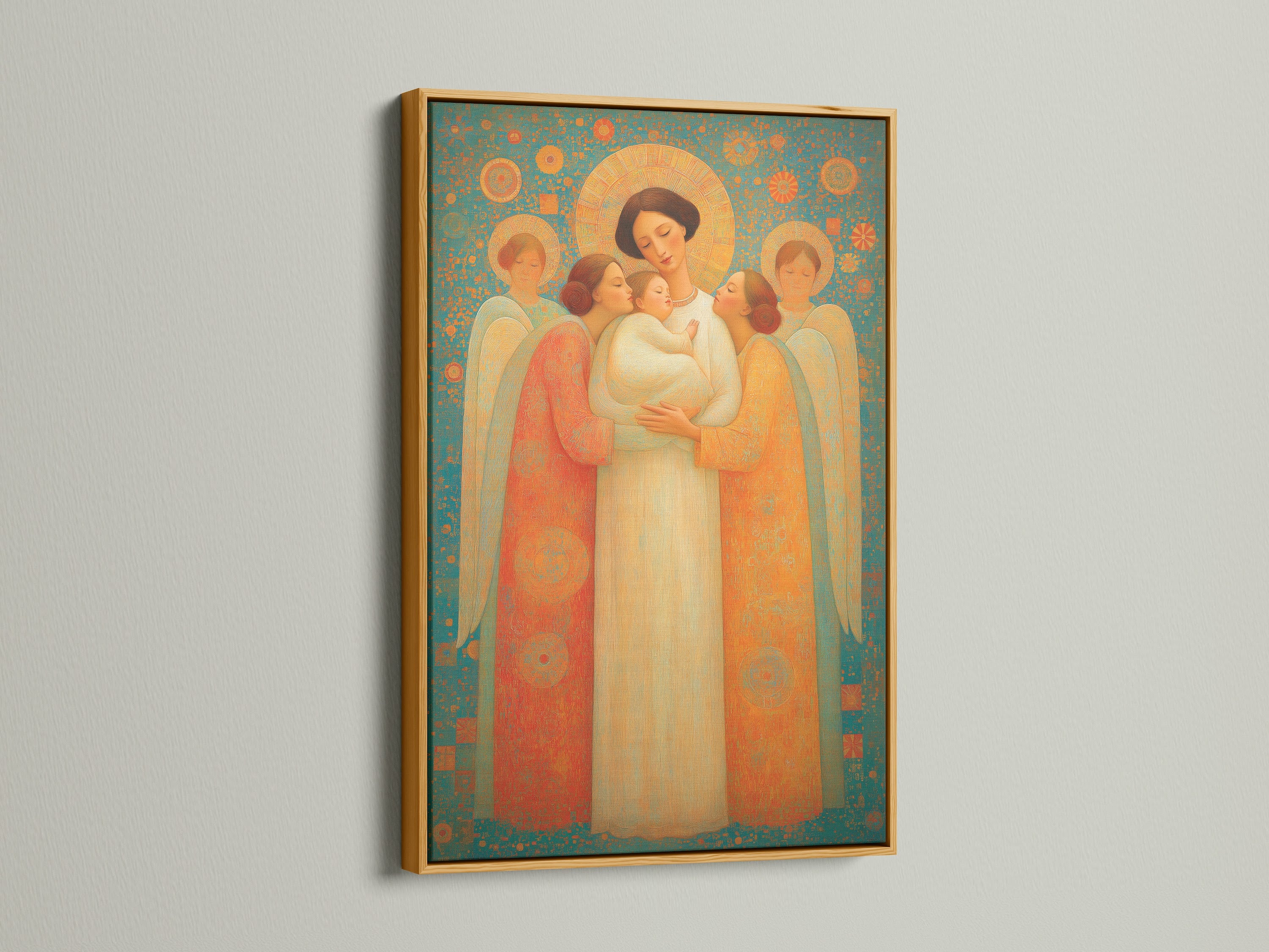 The angel family artwork is elegantly displayed in a gold frame. The gold frame enhances the art's spiritual and bohemian aesthetic. It's a perfect addition to any home seeking faith wall art. This sacred art print will elevate your nursery or family room. Explore the beauty of our religious wall decor.